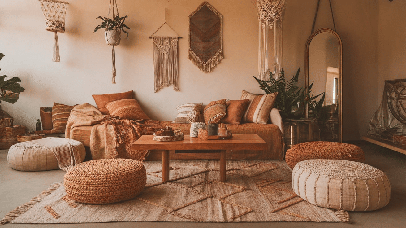 1. Poufs, Rugs, Cushions, Throws, and Plants