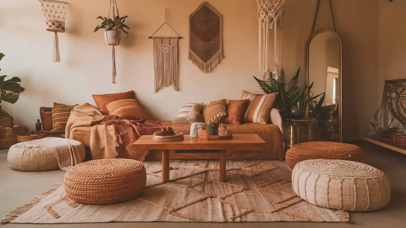1. Poufs, Rugs, Cushions, Throws, and Plants