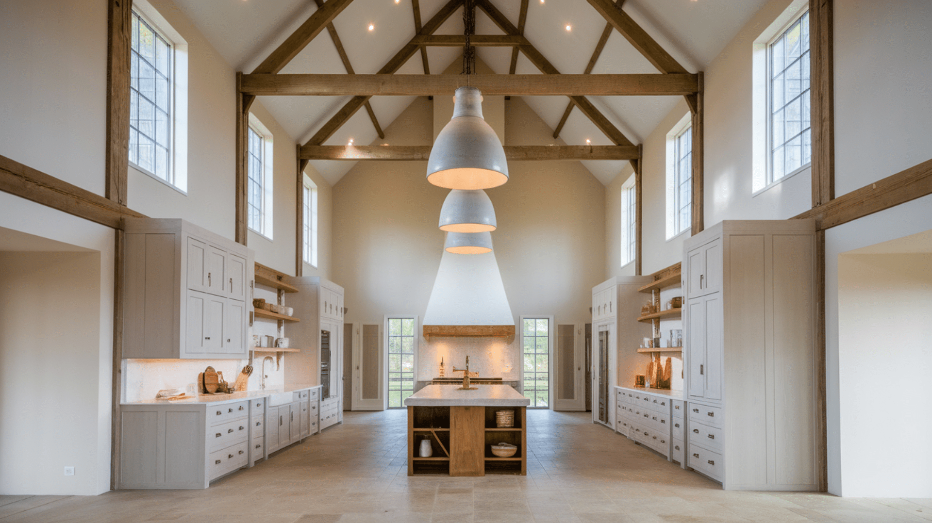 high ceiling kitchen with oversized lighting fixtures