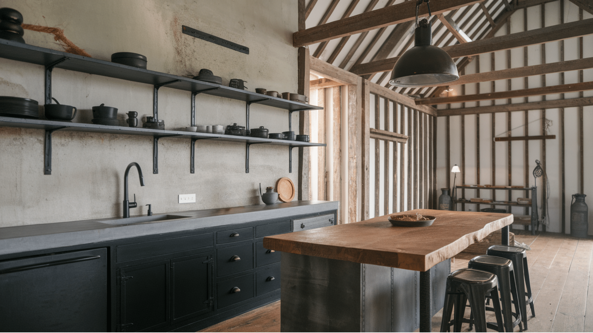 industrial inspired kitchen with metal and matte finishes
