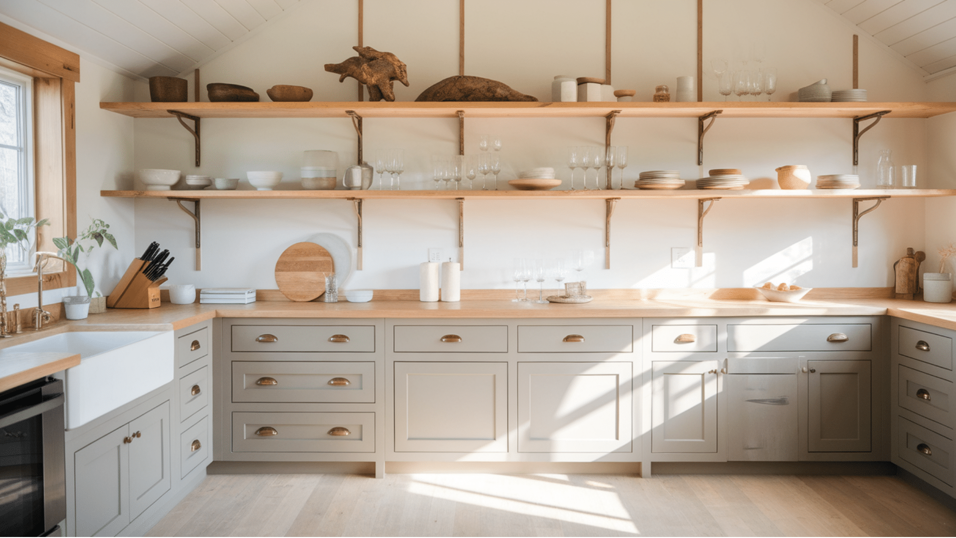 open shelving for airy and accessible storage