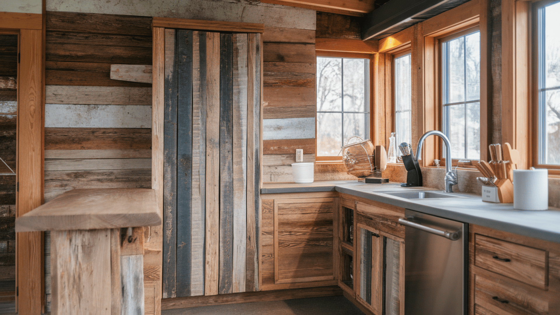reclaimed wood cabinetry for a warm organic look
