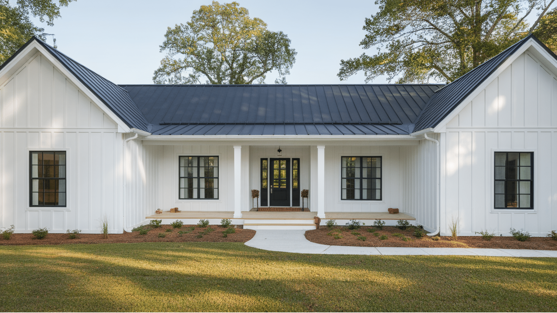 black metal roofing on white horizontal siding