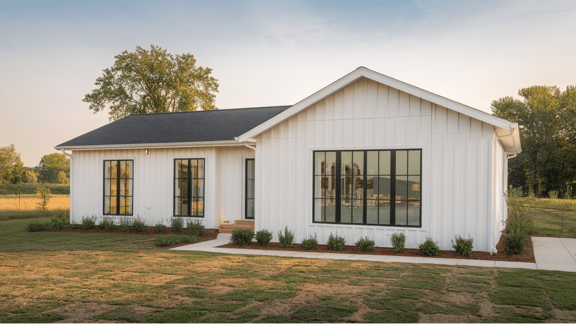 board and batten siding With black windows
