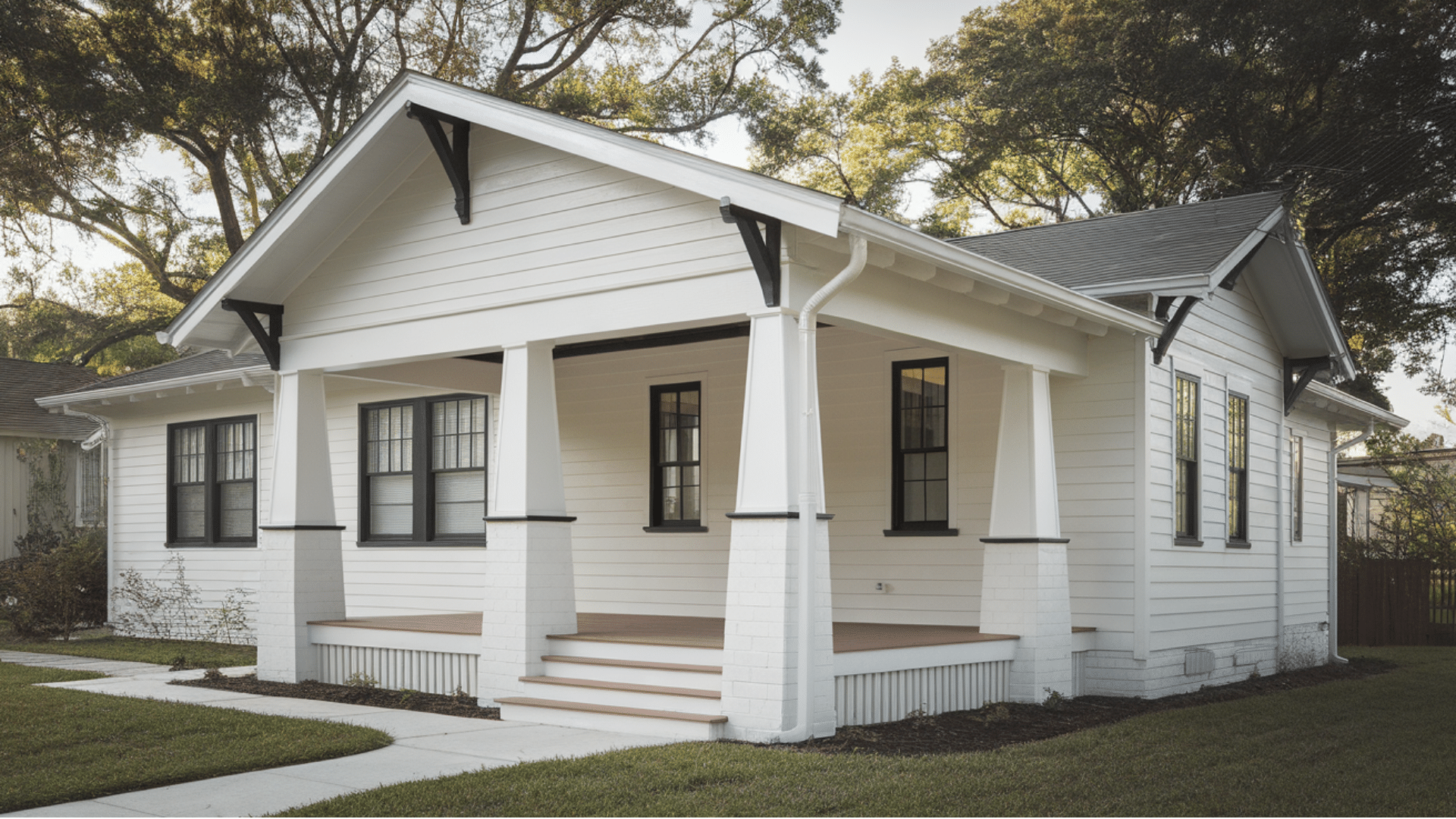 craftsman style porch With black window grilles