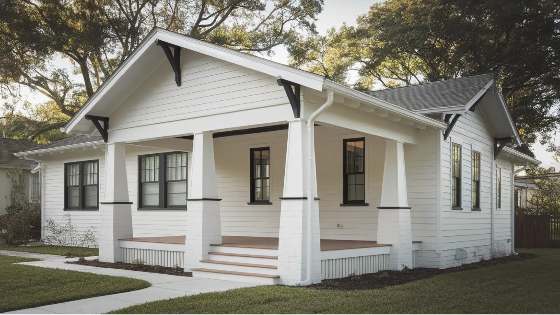 craftsman style porch With black window grilles