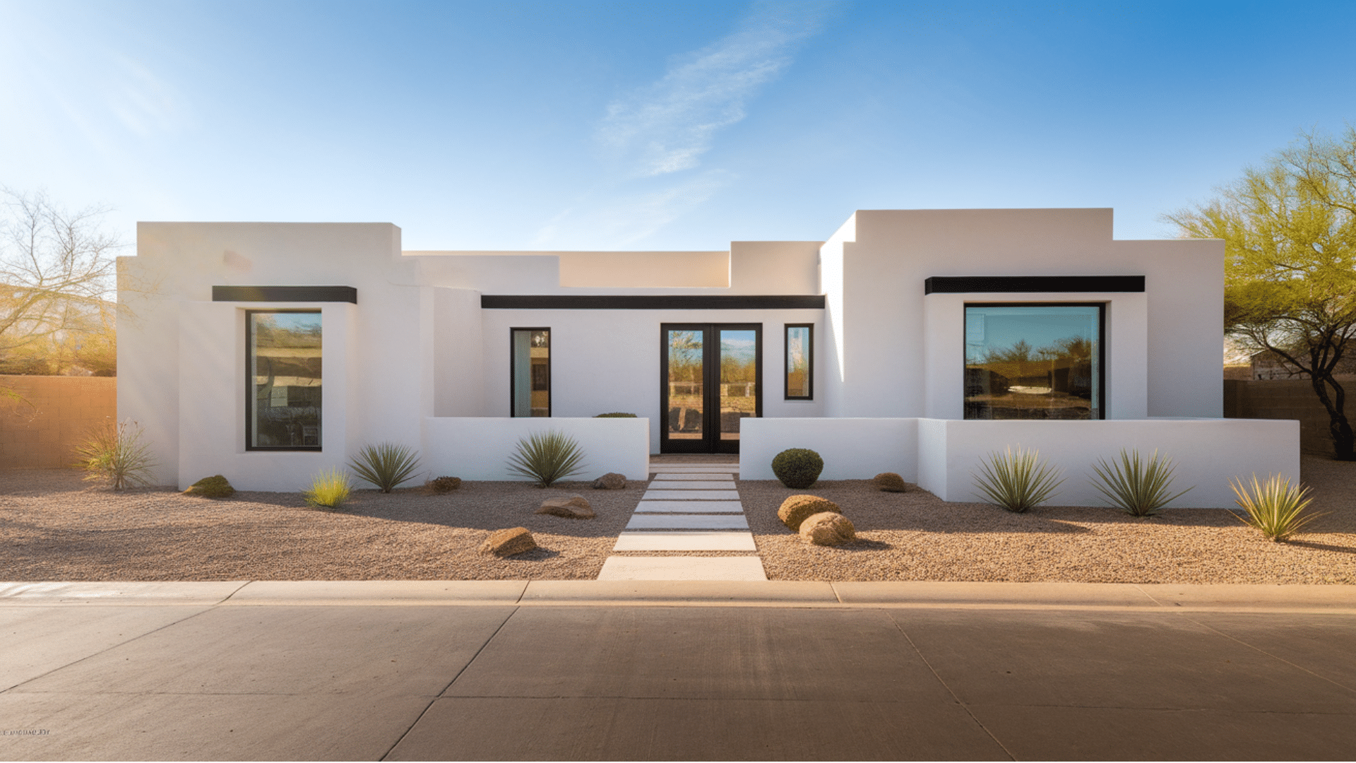 desert style white home With sharp black borders
