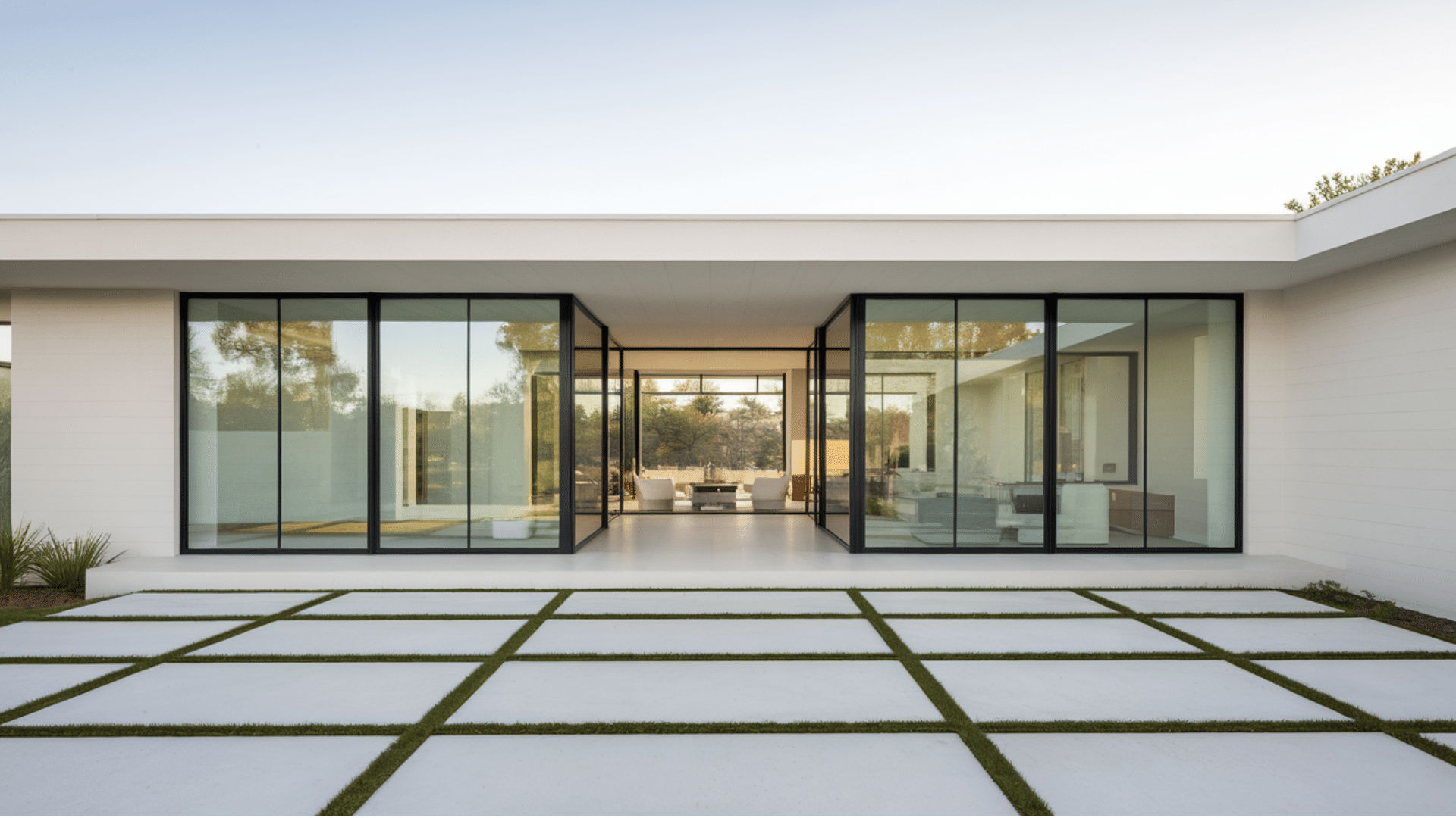 flat roof modern home With black panoramic windows