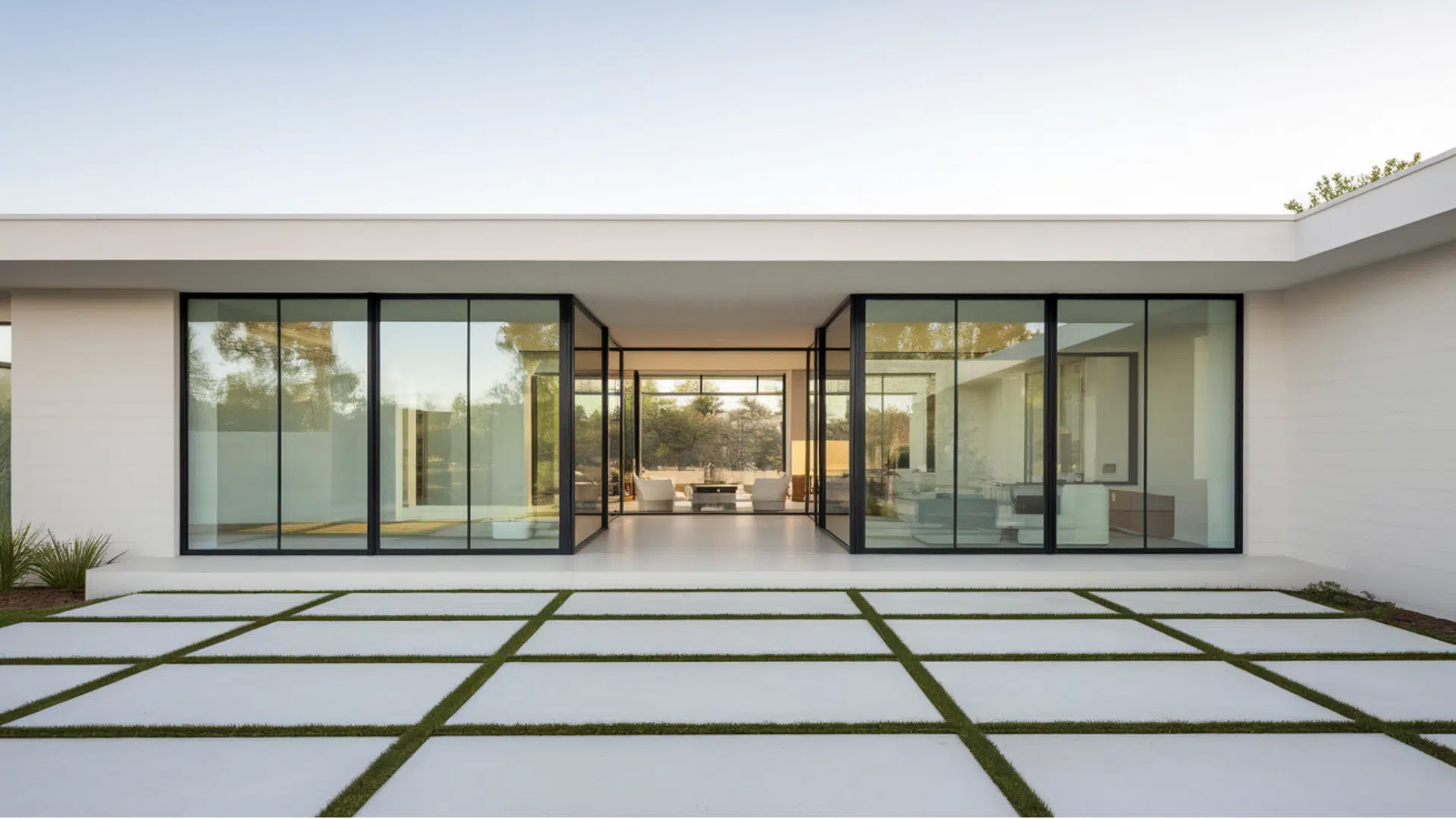 flat roof modern home With black panoramic windows