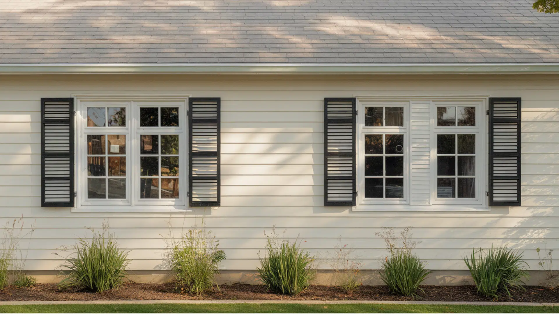 ranch house With subtle black window grilles