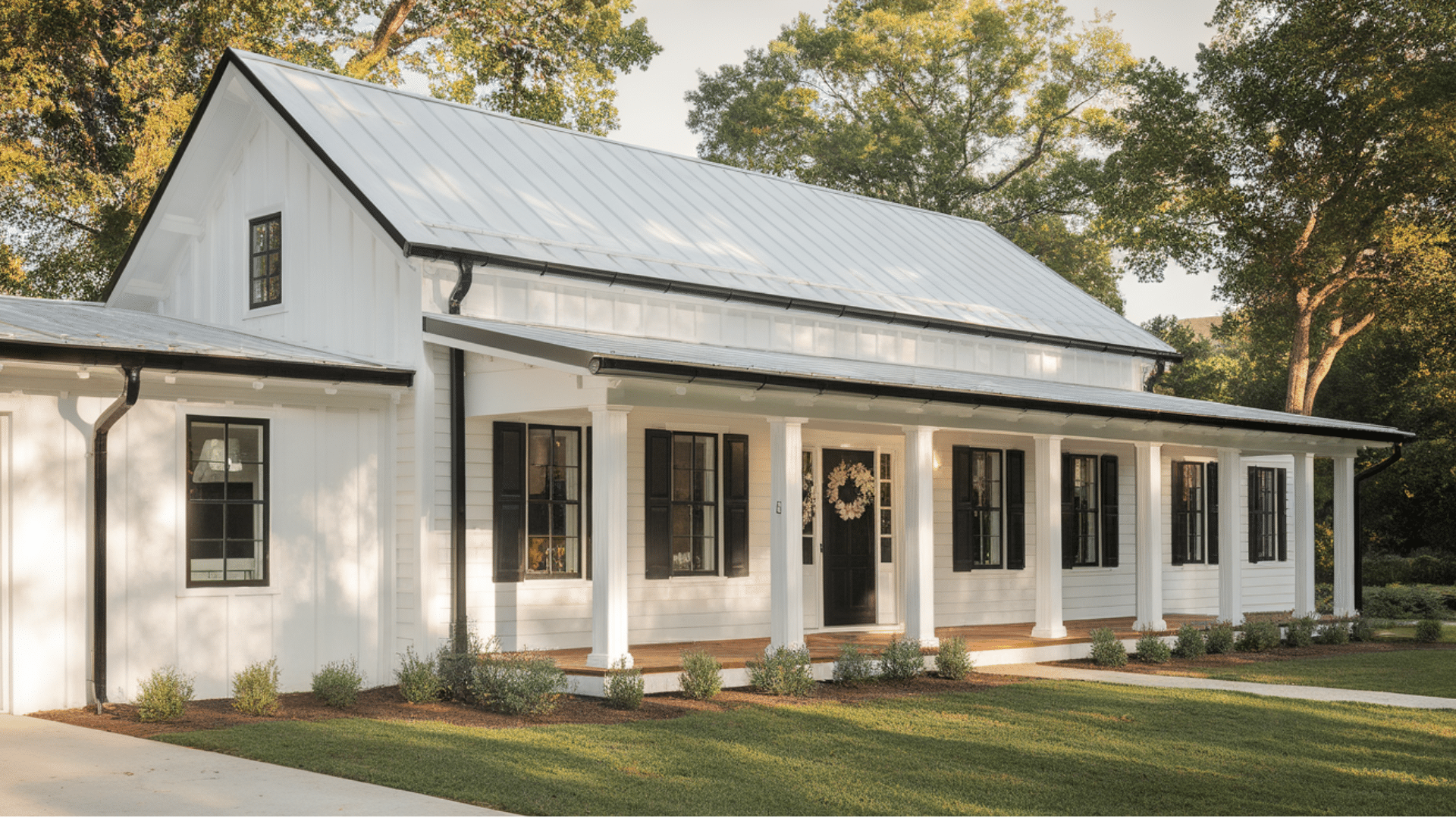 single story farmhouse With black gutters and downspouts