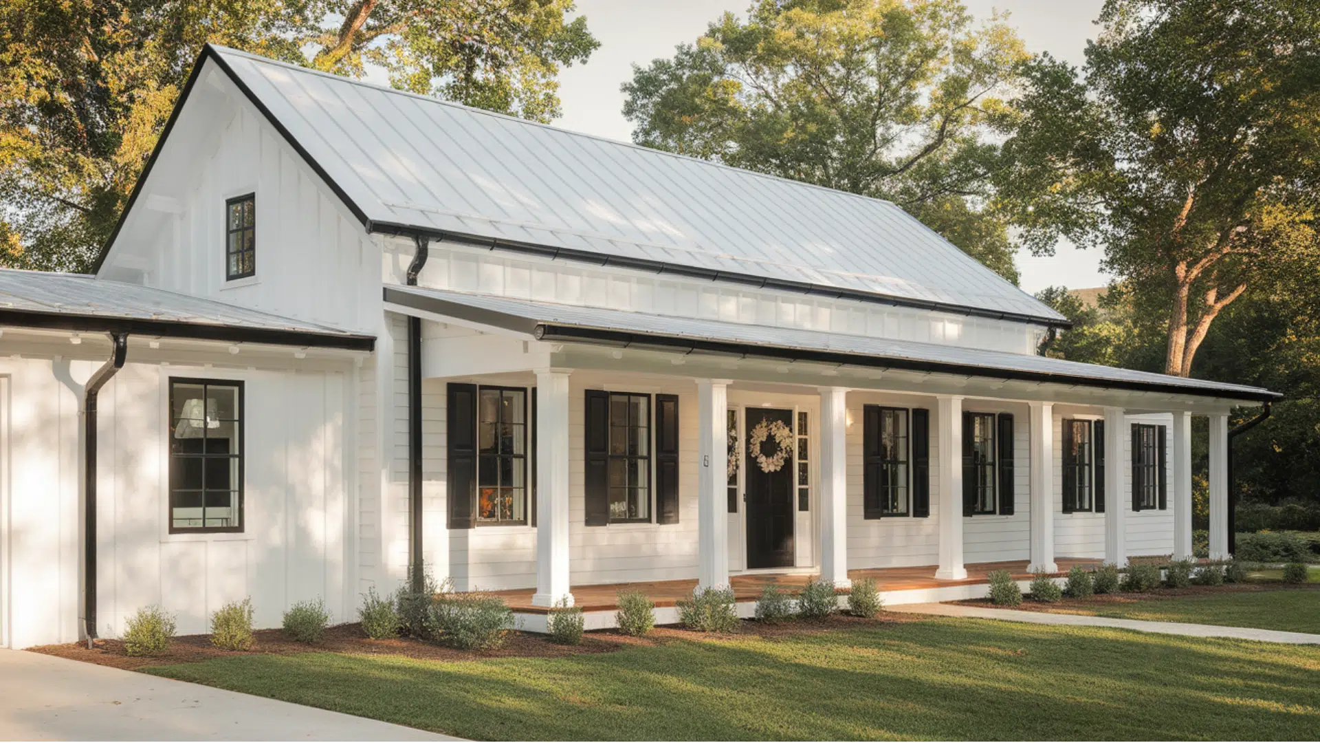 single story farmhouse With black gutters and downspouts