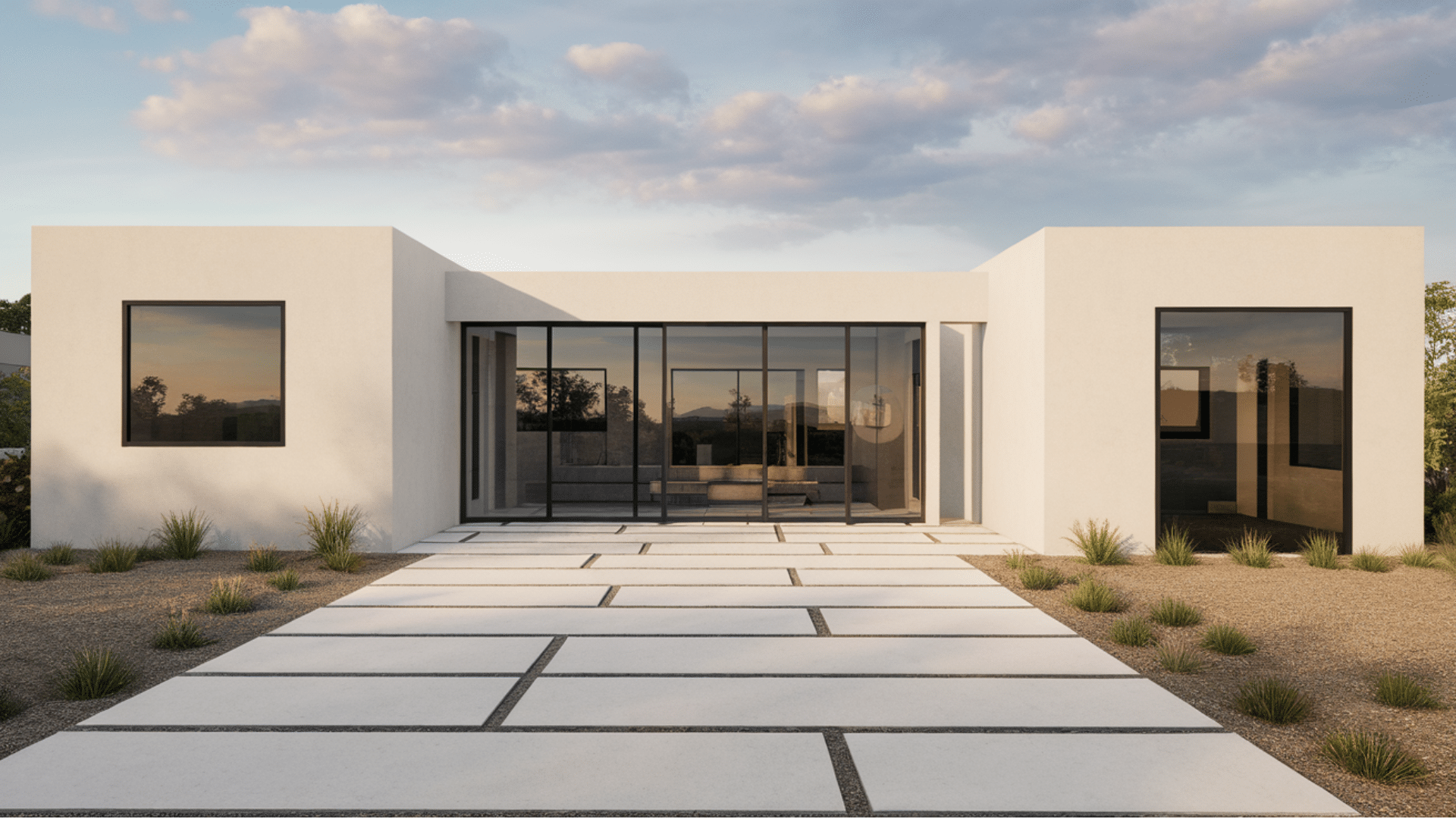 smooth white stucco With black window panels