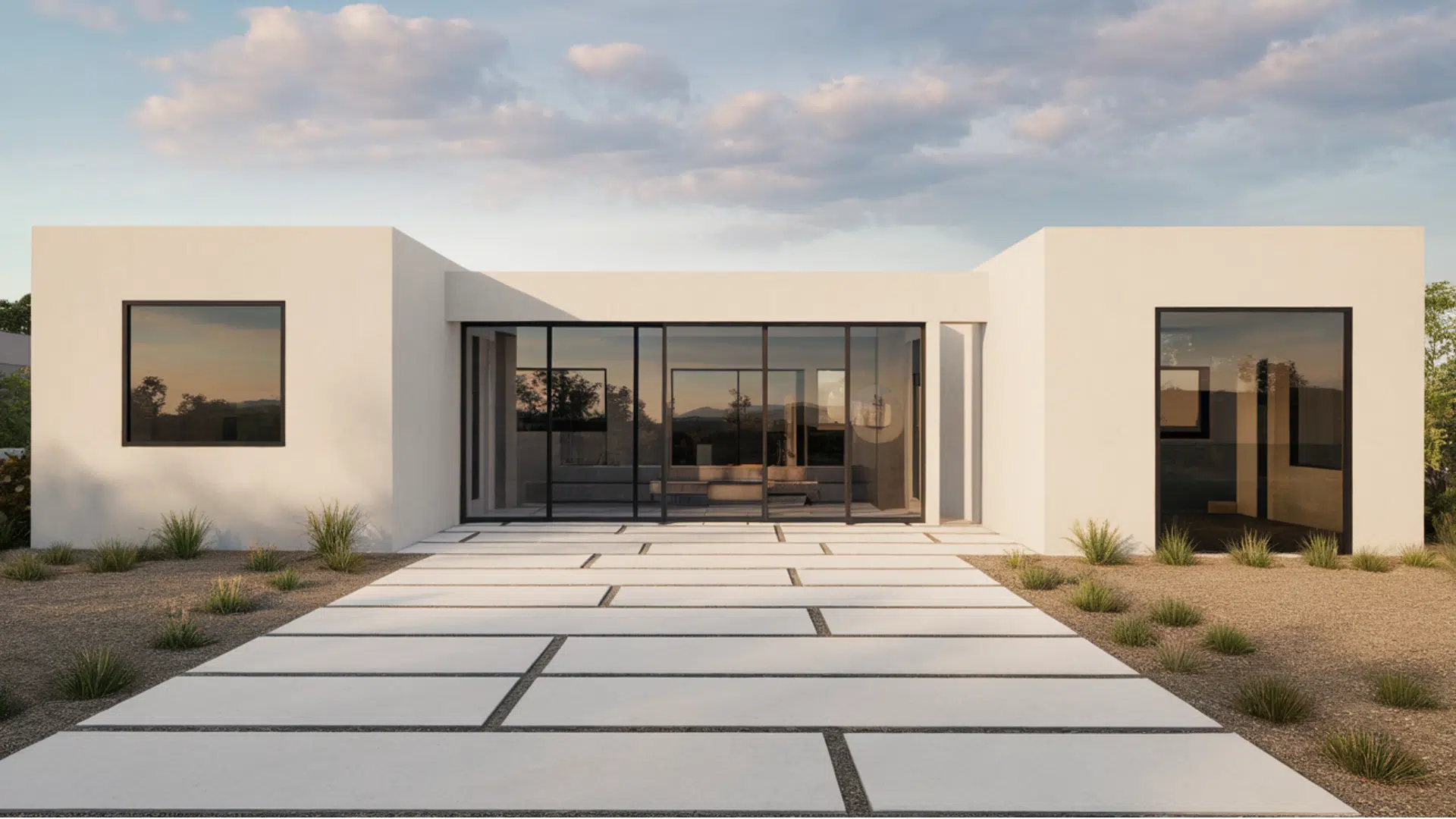 smooth white stucco With black window panels