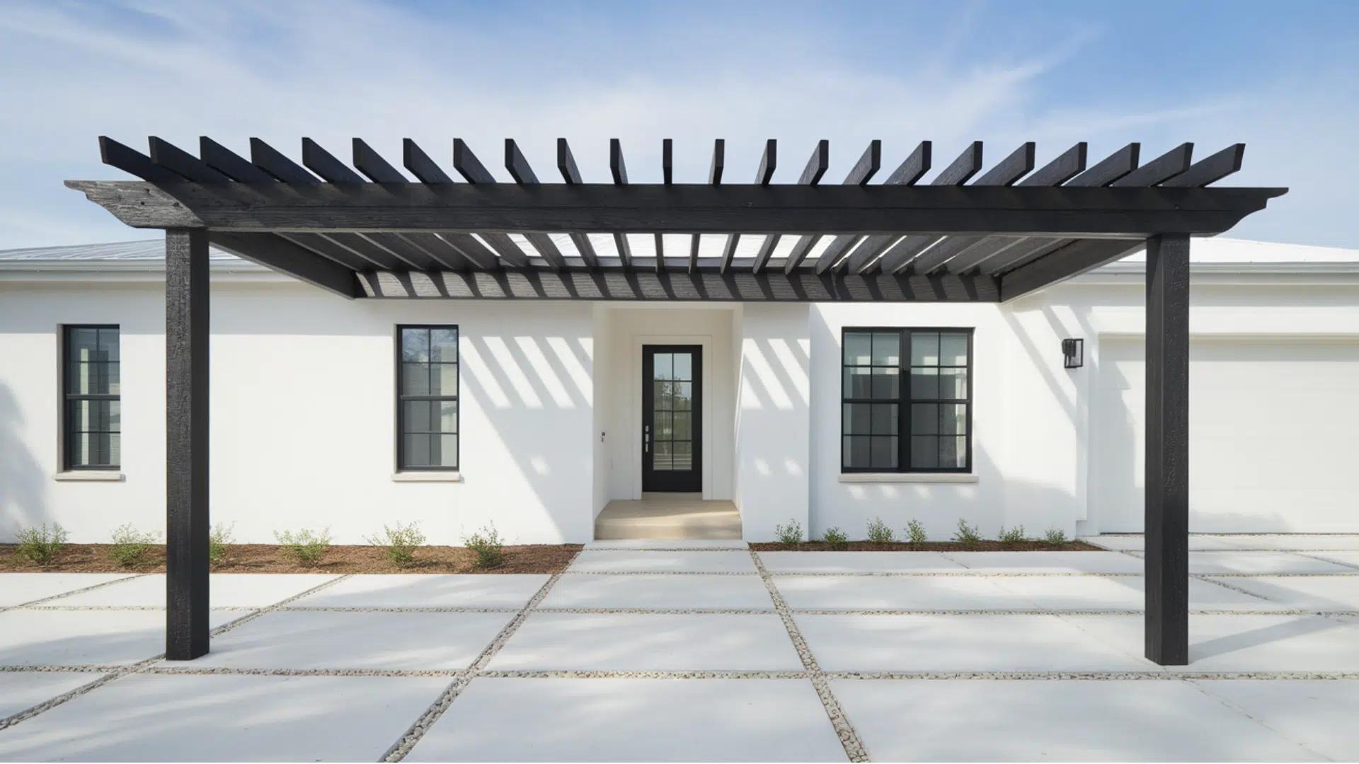 white exterior With black pergola overhang