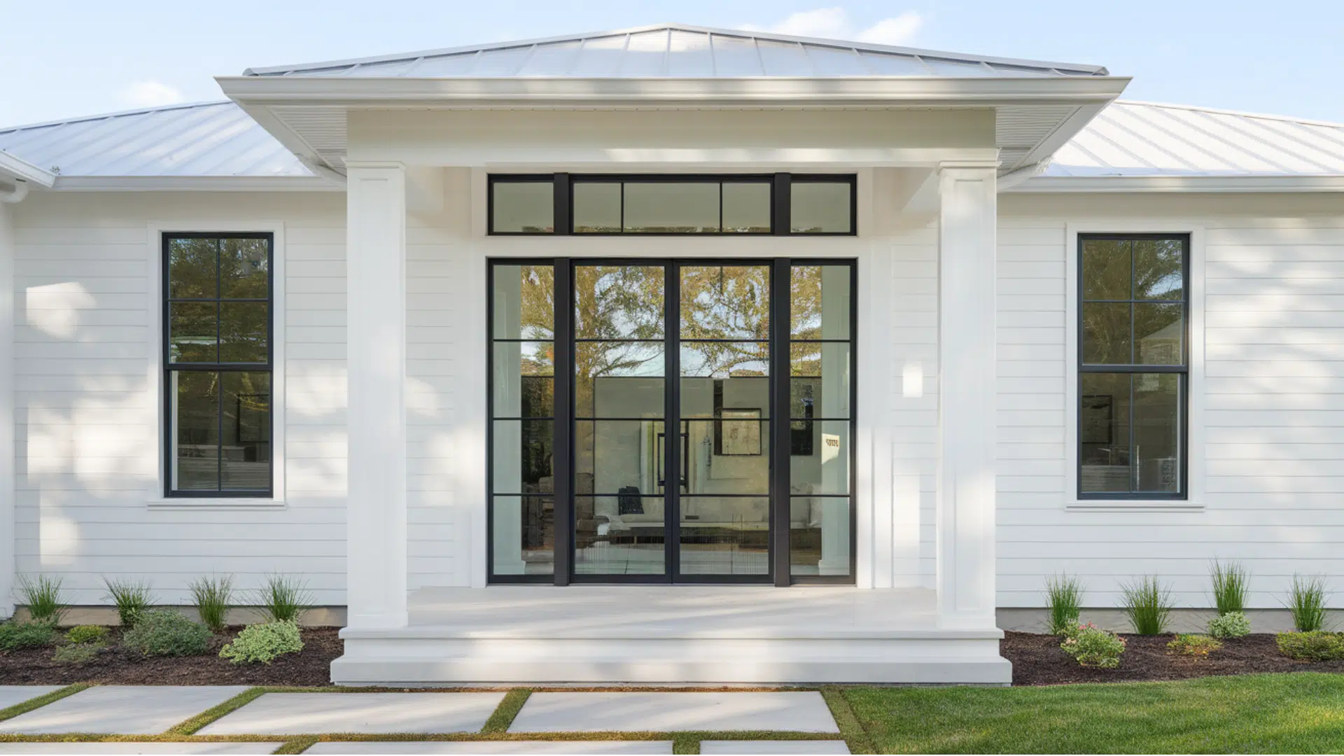 white home With a black framed glass front door