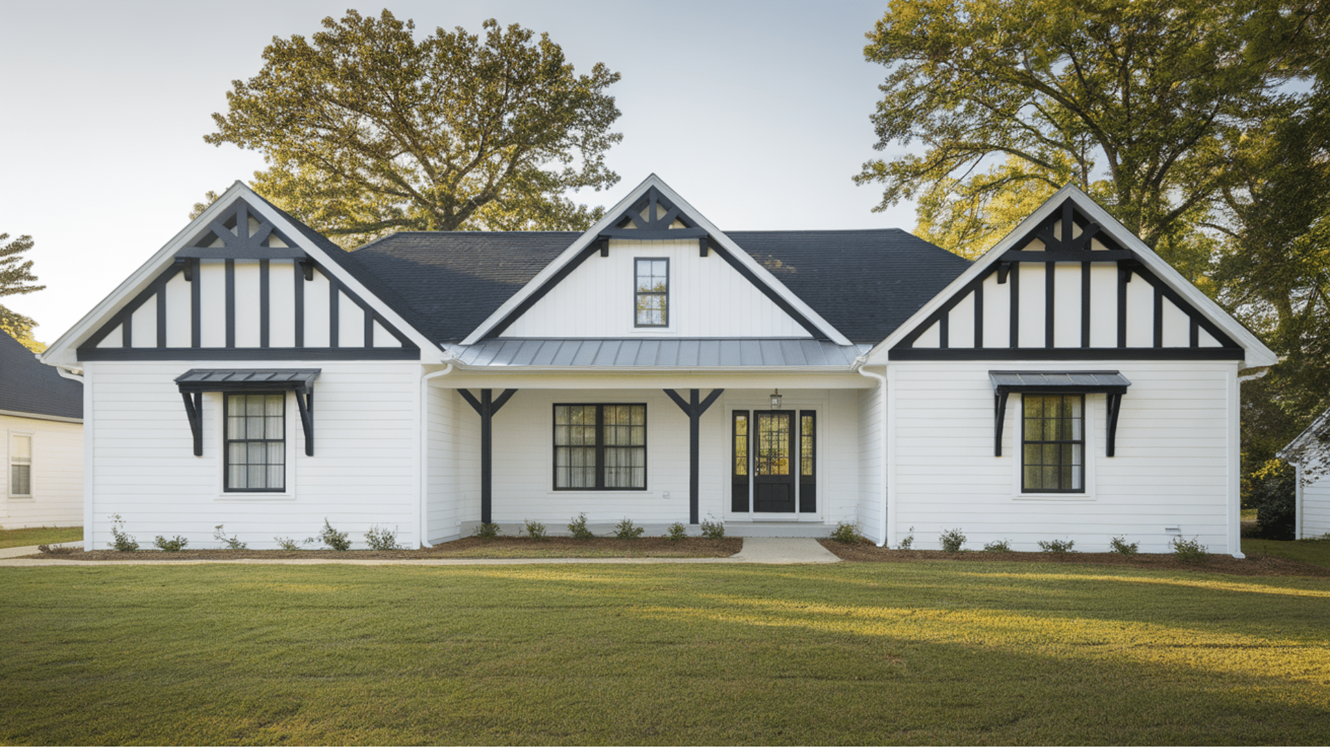 white house With black gable details