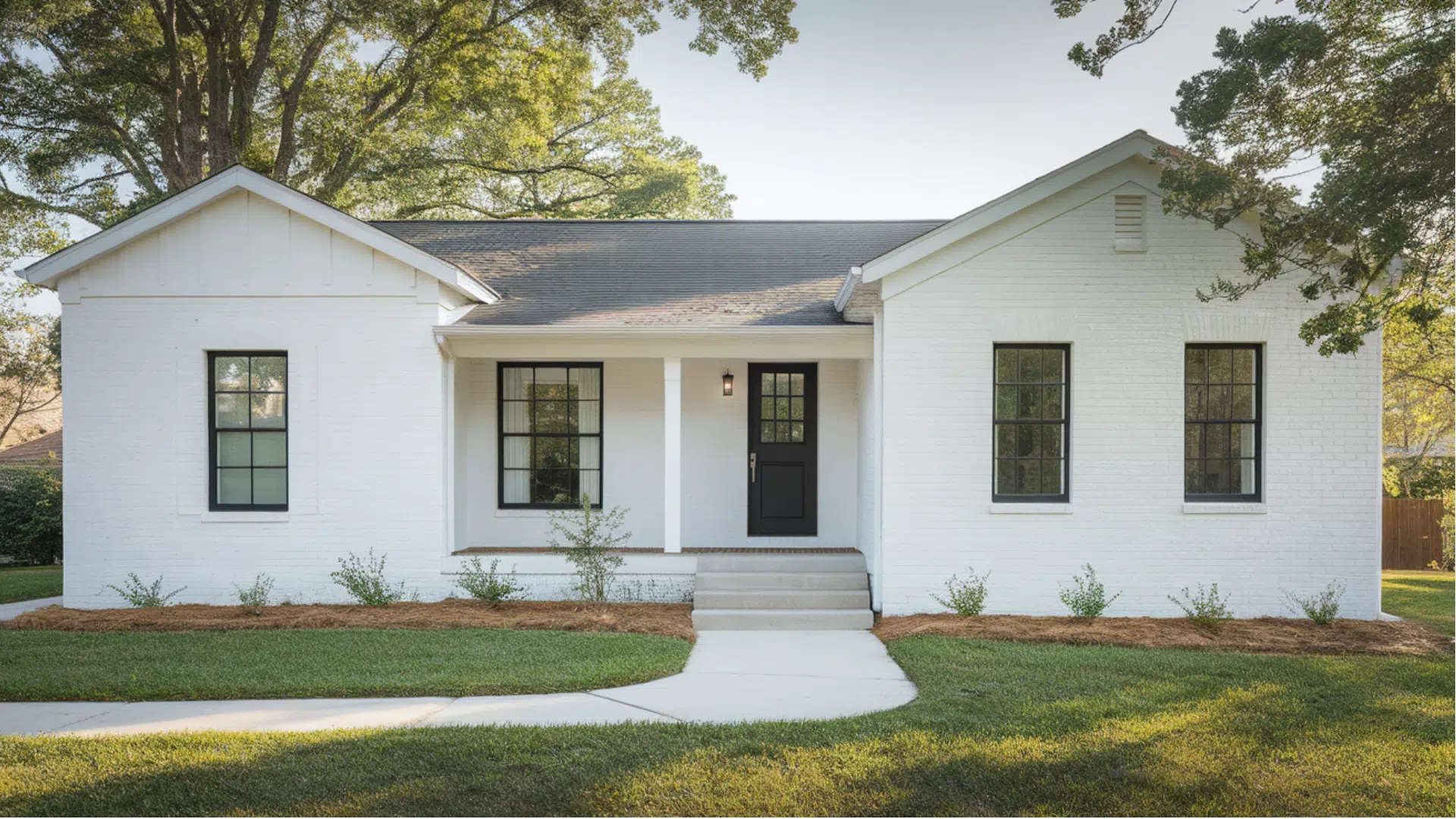 white painted brick ranch With matte black frames