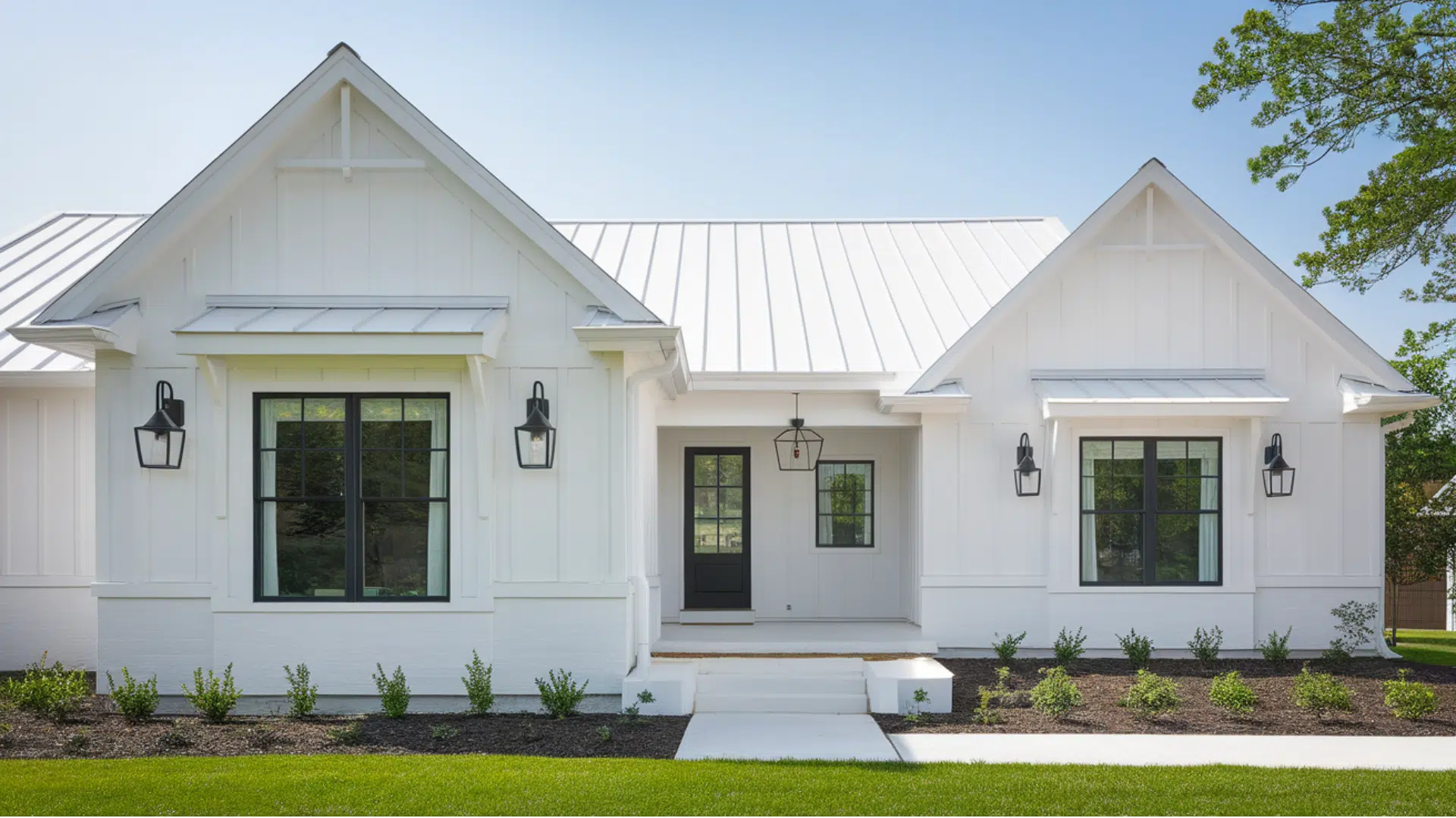 white ranch With black exterior lighting fixtures