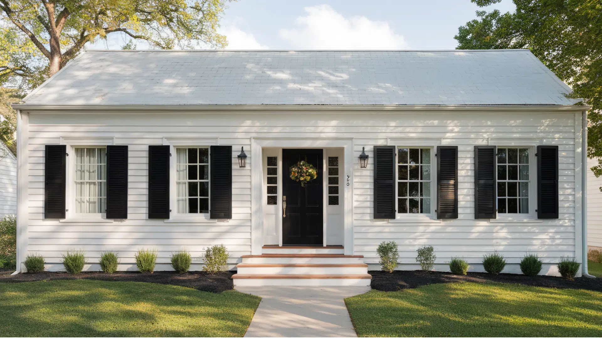 white ranch With black shutters and door
