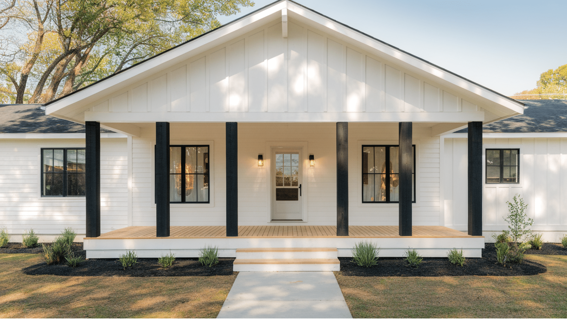 white siding With black wood beam porch columns