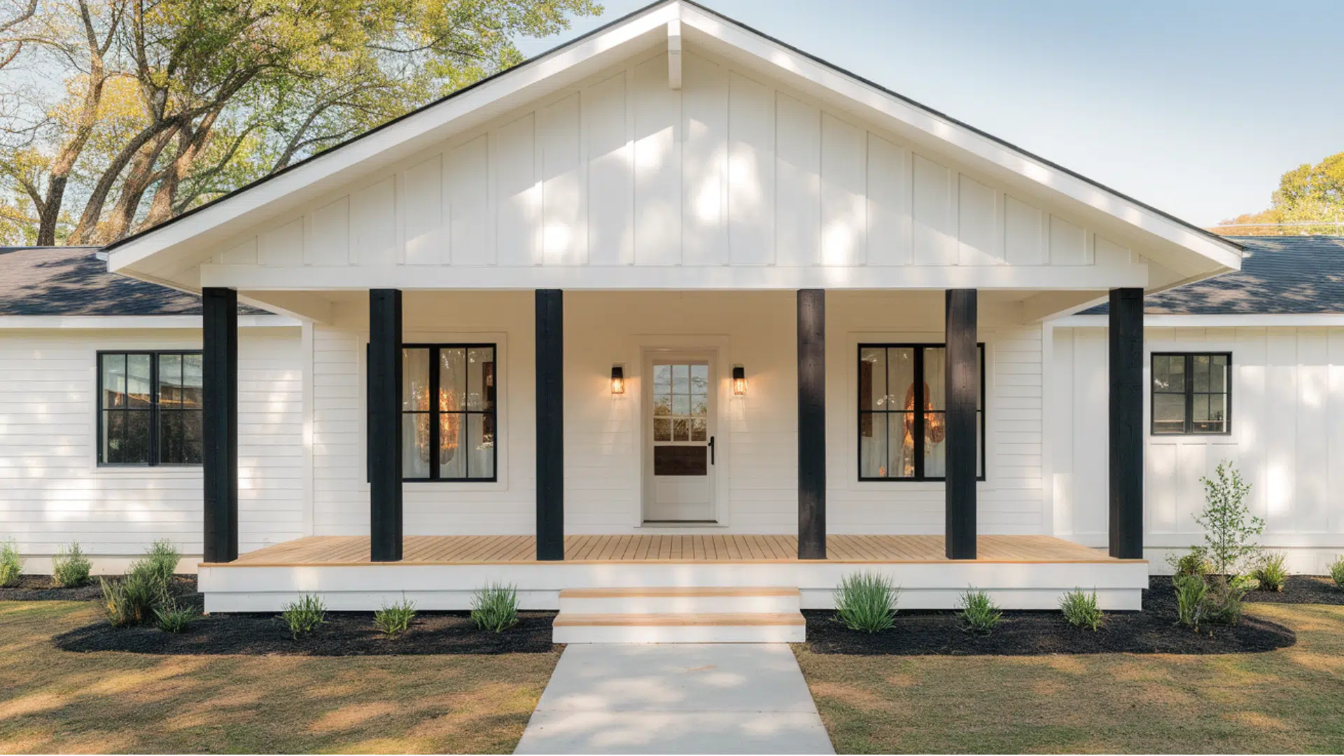 white siding With black wood beam porch columns