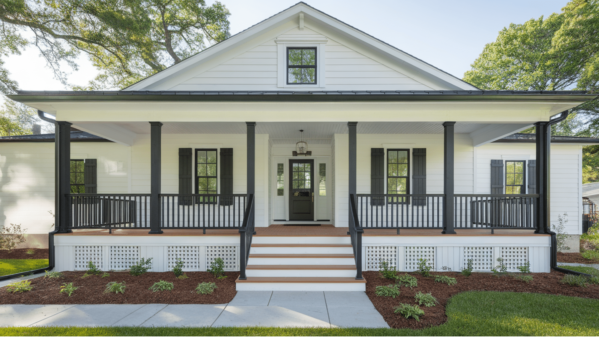 wraparound porch With black rails and trim