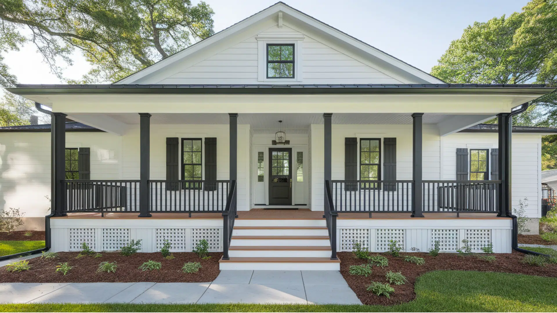 wraparound porch With black rails and trim