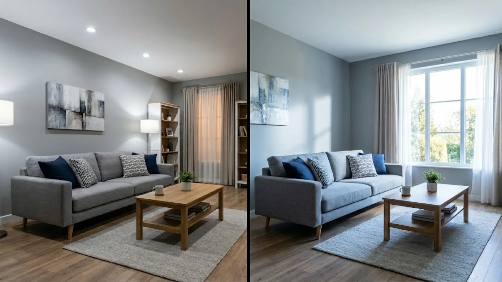 Living room comparison showing cool white vs daylight lighting affecting brightness, and overall ambiance