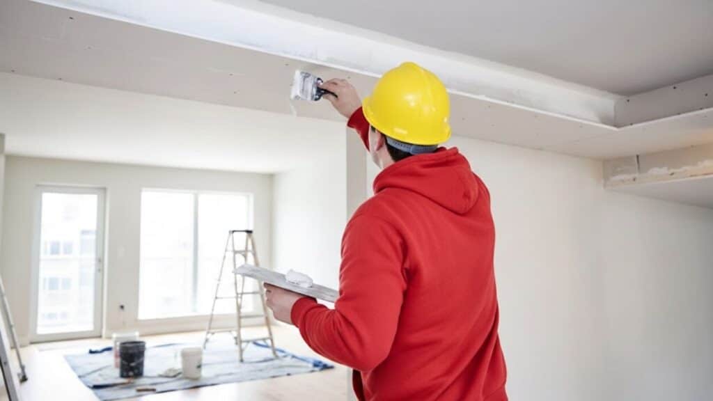 A man in a red hoodie and yellow hard hat applies plaster to a ceiling in a bright room
