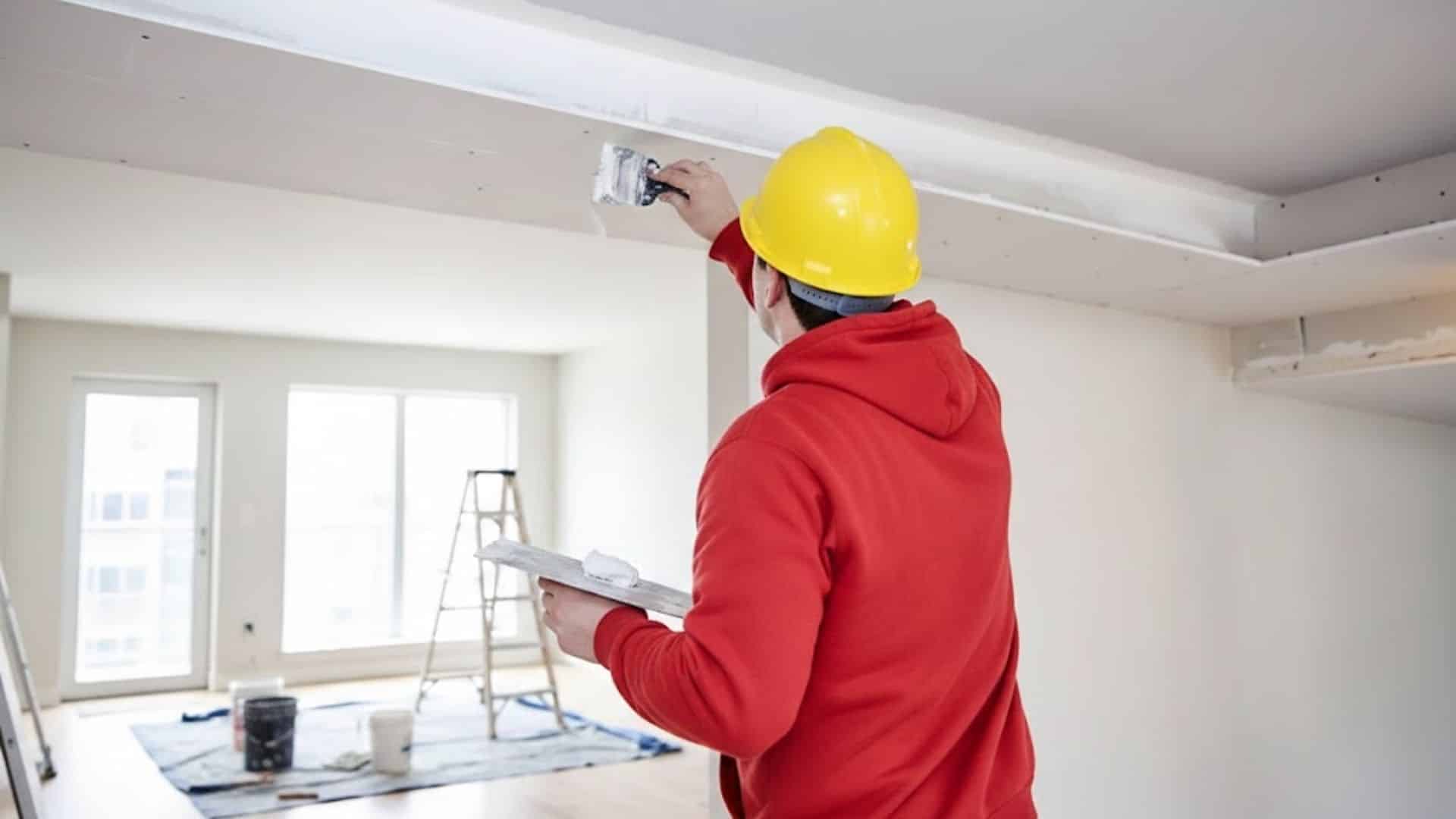 A man in a red hoodie and yellow hard hat applies plaster to a ceiling in a bright room
