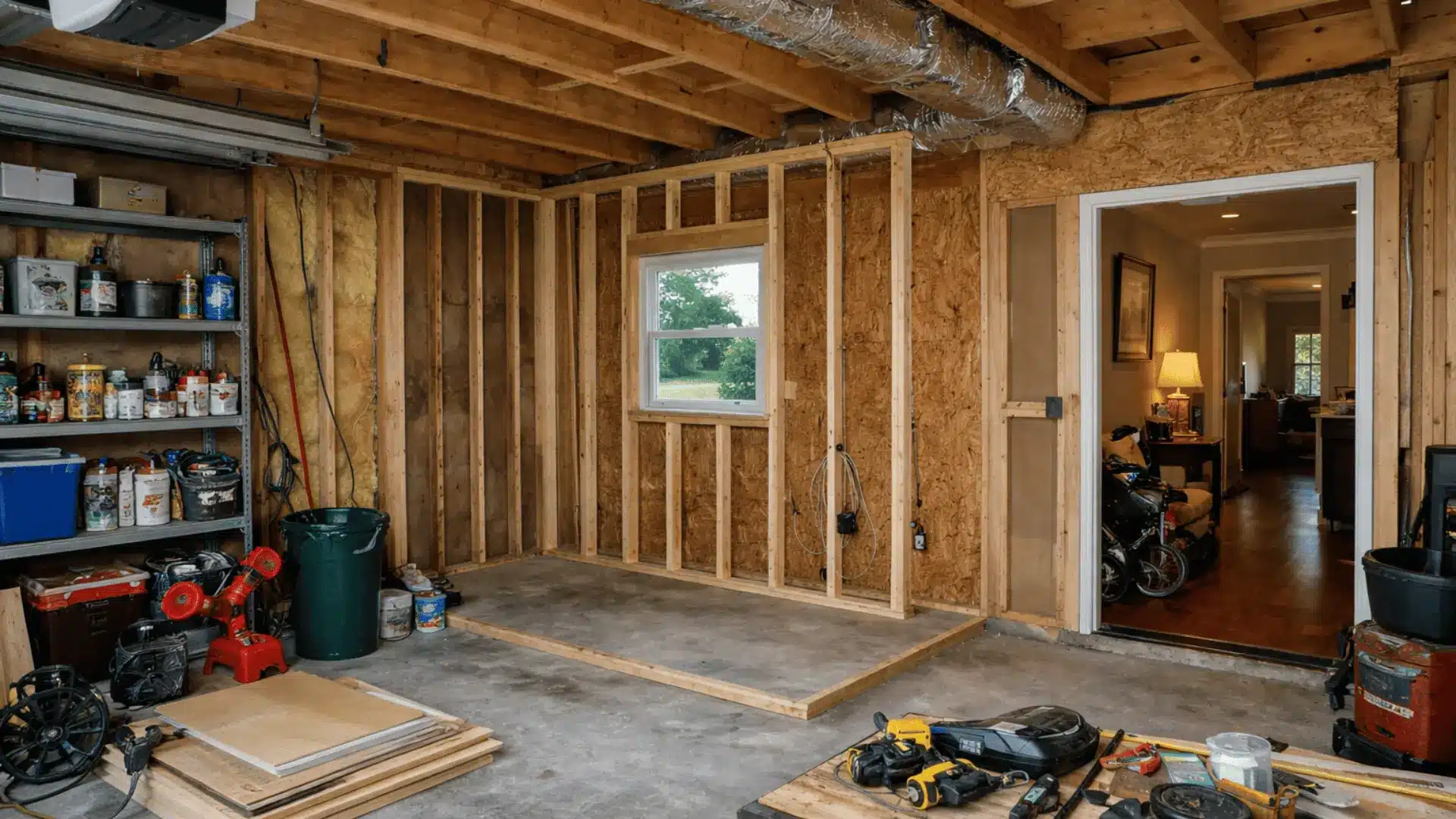 Garage conversion in progress with framed walls exposed and doorway to finished interior room
