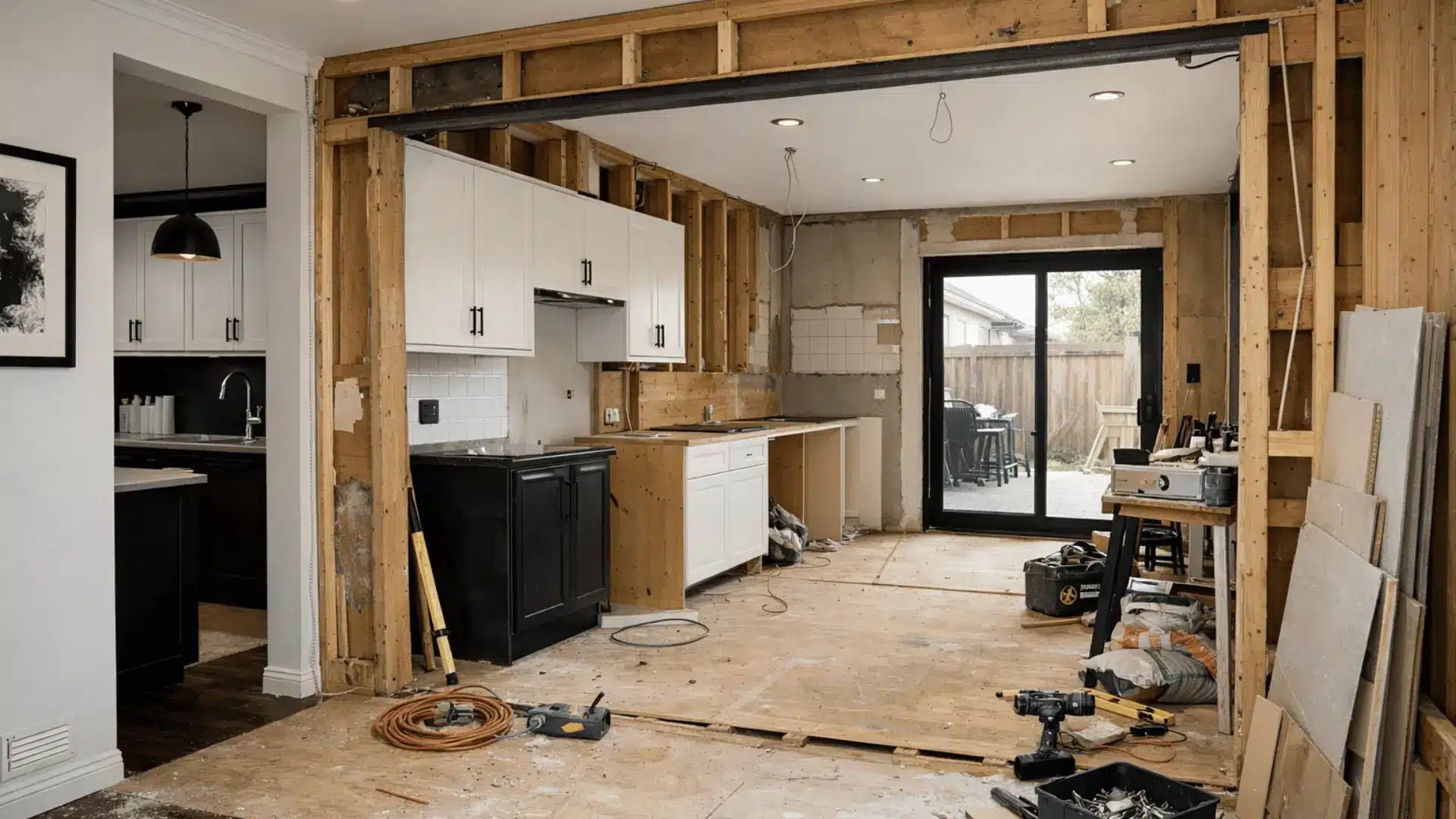 Kitchen extension under construction with exposed framing cabinets and sliding glass doors