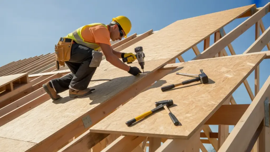 Roofer installing plywood roof sheathing on new home frame under clear blue sky with wooden trusses