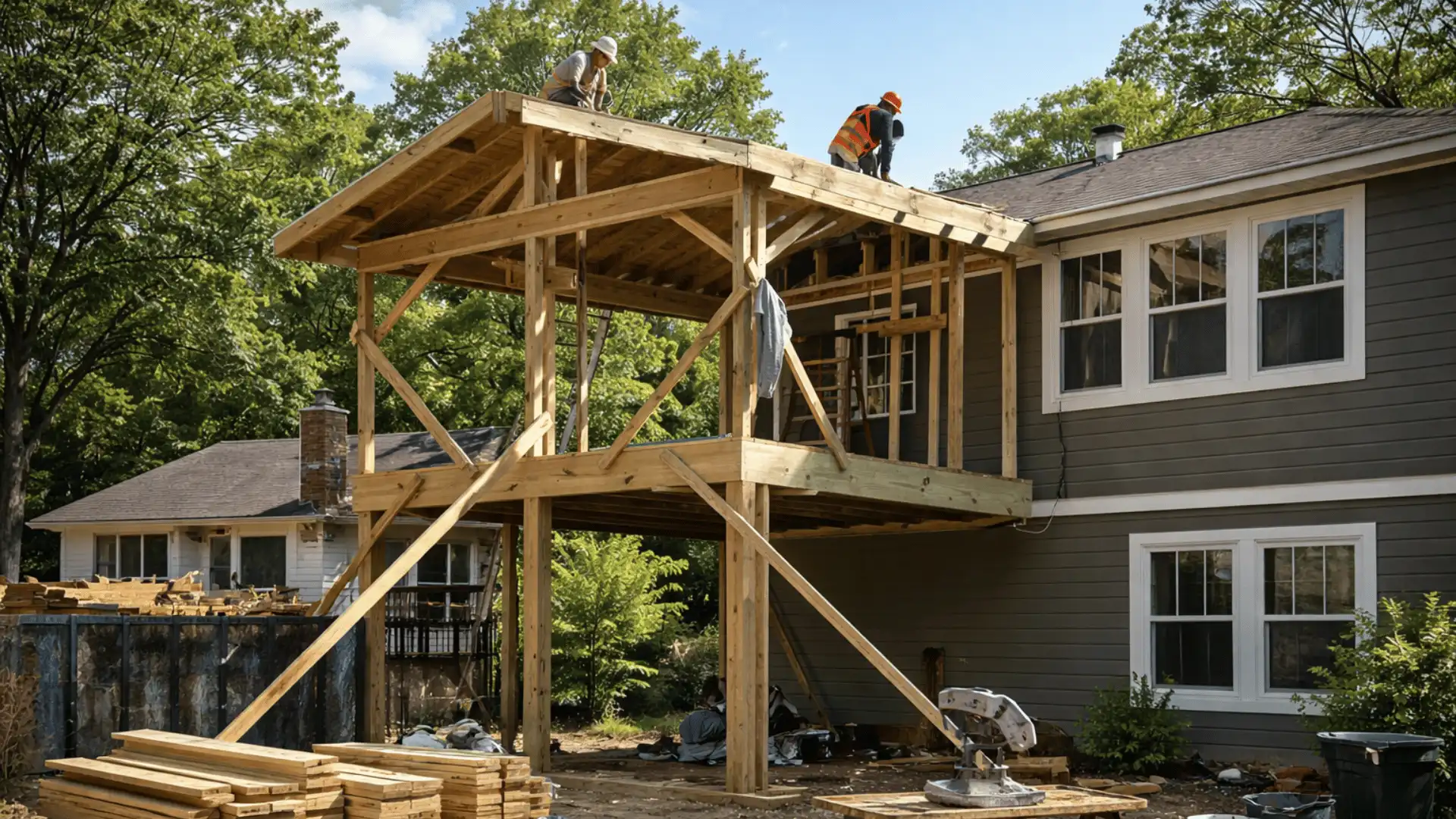 Room addition under construction with workers, lumber and tools highlighting room addition cost