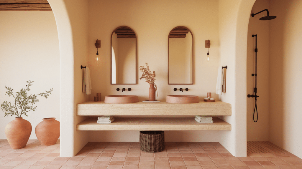 Spanish style bathroom with twin arched mirrors, terracotta sinks, warm plaster walls and open shower area
