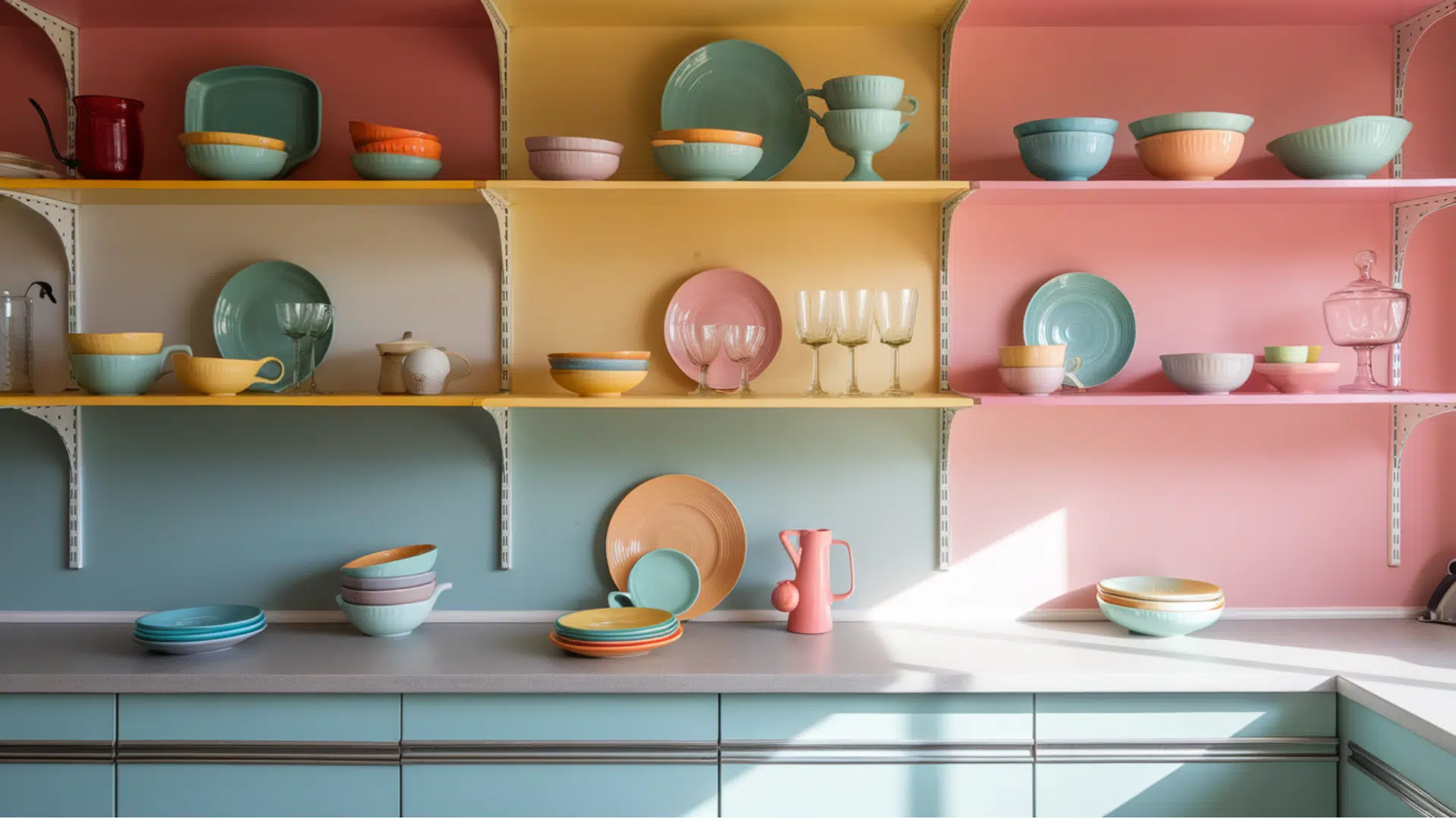 colorful open shelves With retro dinnerware