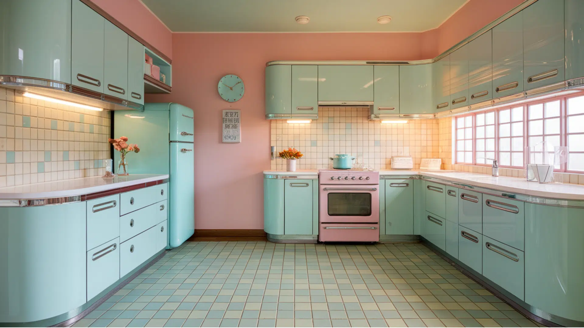 pastel or mint-green cabinets