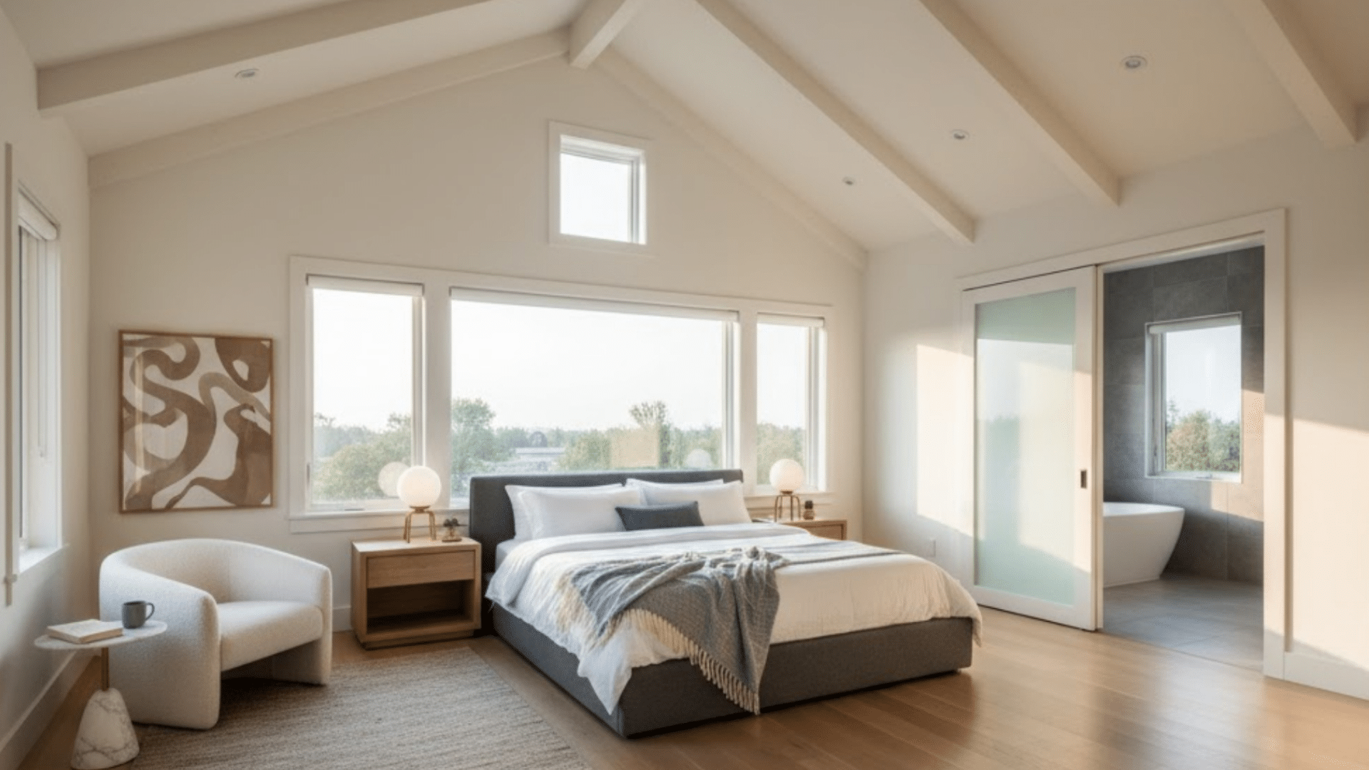 modern second-story bedroom suite with vaulted ceiling, large windows, and ensuite bathroom access.