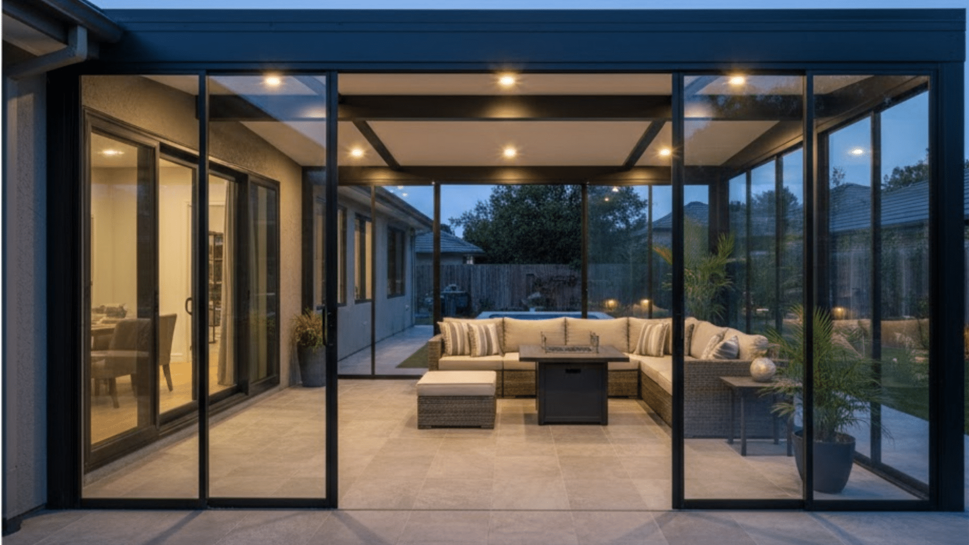 modern glass patio enclosure with cozy seating, outdoor views, and covered living space.