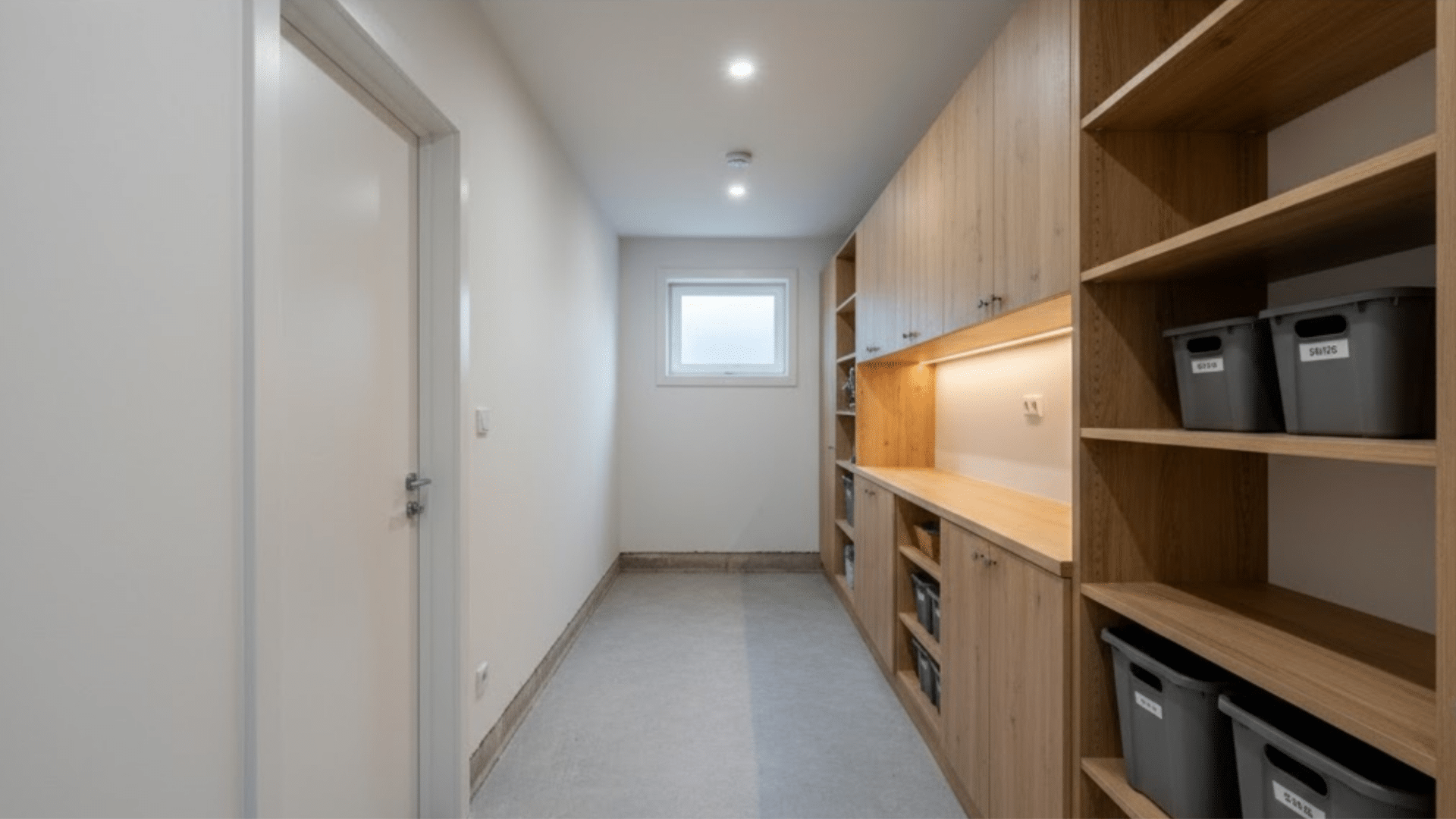 side extension with built-in storage cabinets, shelving, and organized utility workspace.