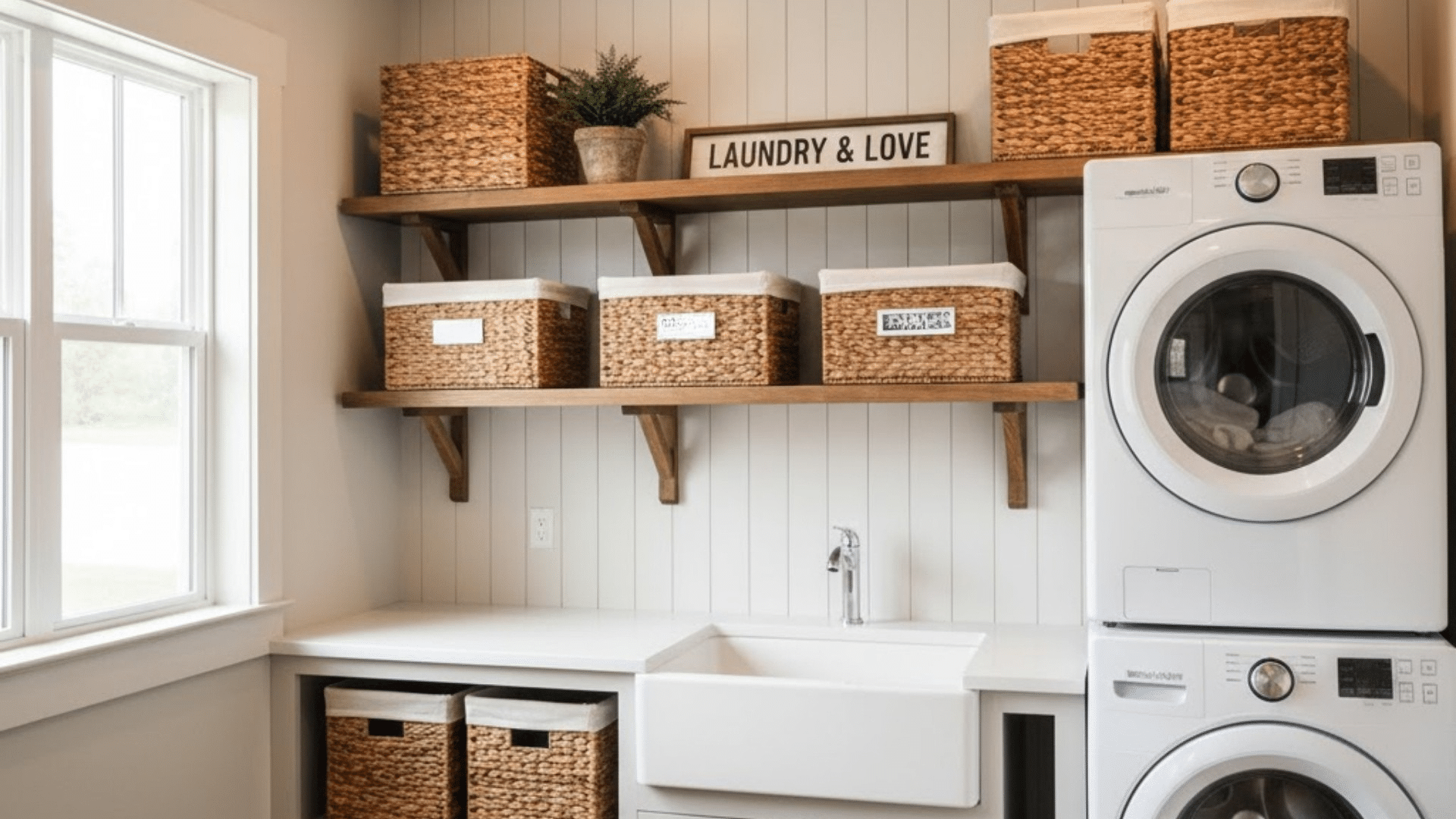 farmhouse laundry room with stacked machines, wooden shelves, baskets, and a sink