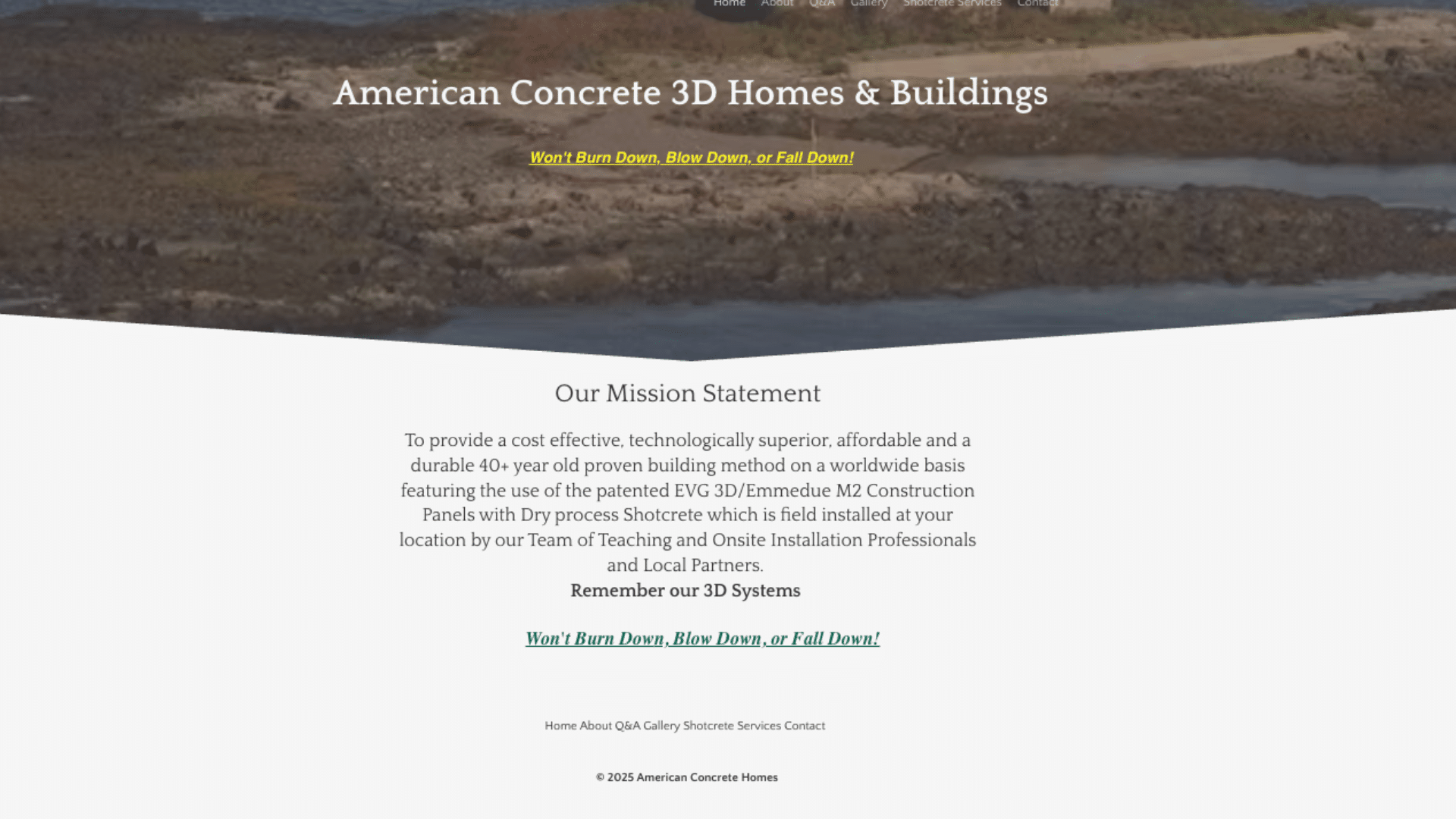 American Concrete 3D Homes website highlighting durable concrete home construction technology.