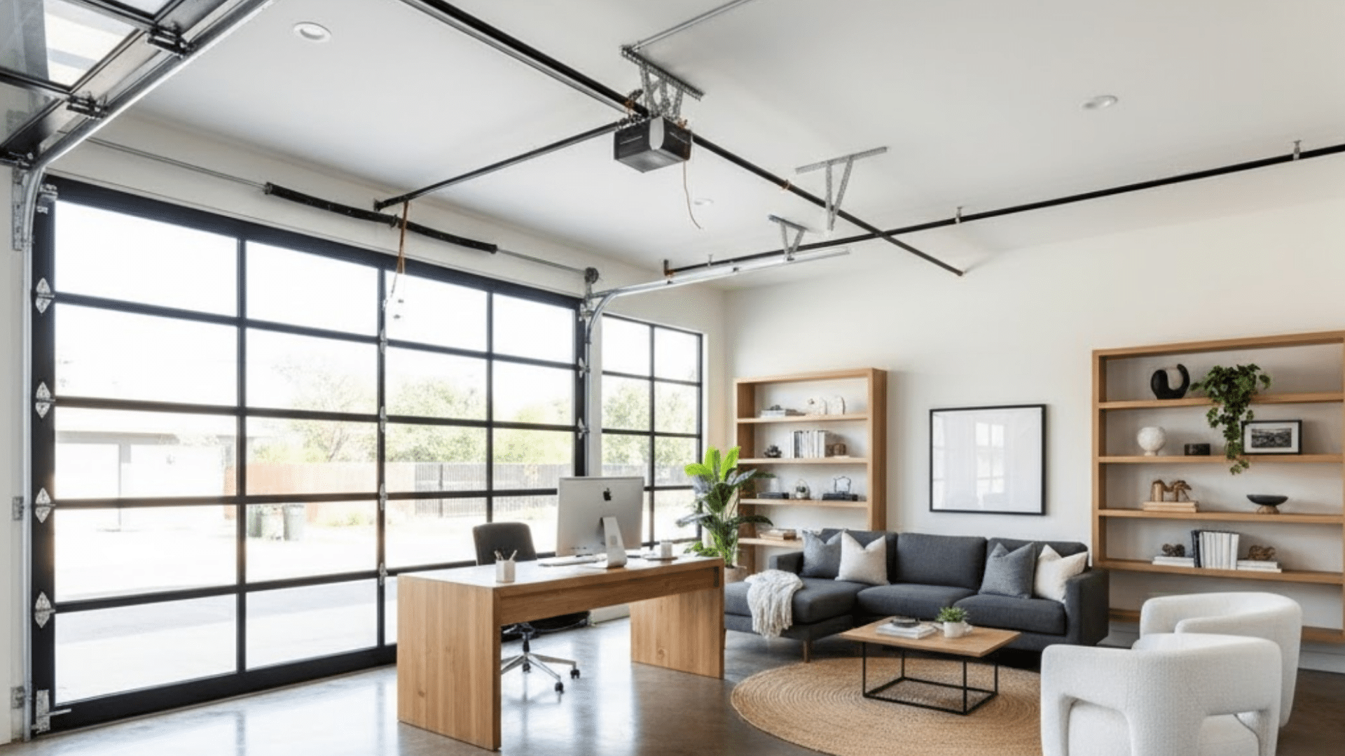 modern garage conversion bedroom with vaulted ceiling, ensuite bathroom, and large windows.