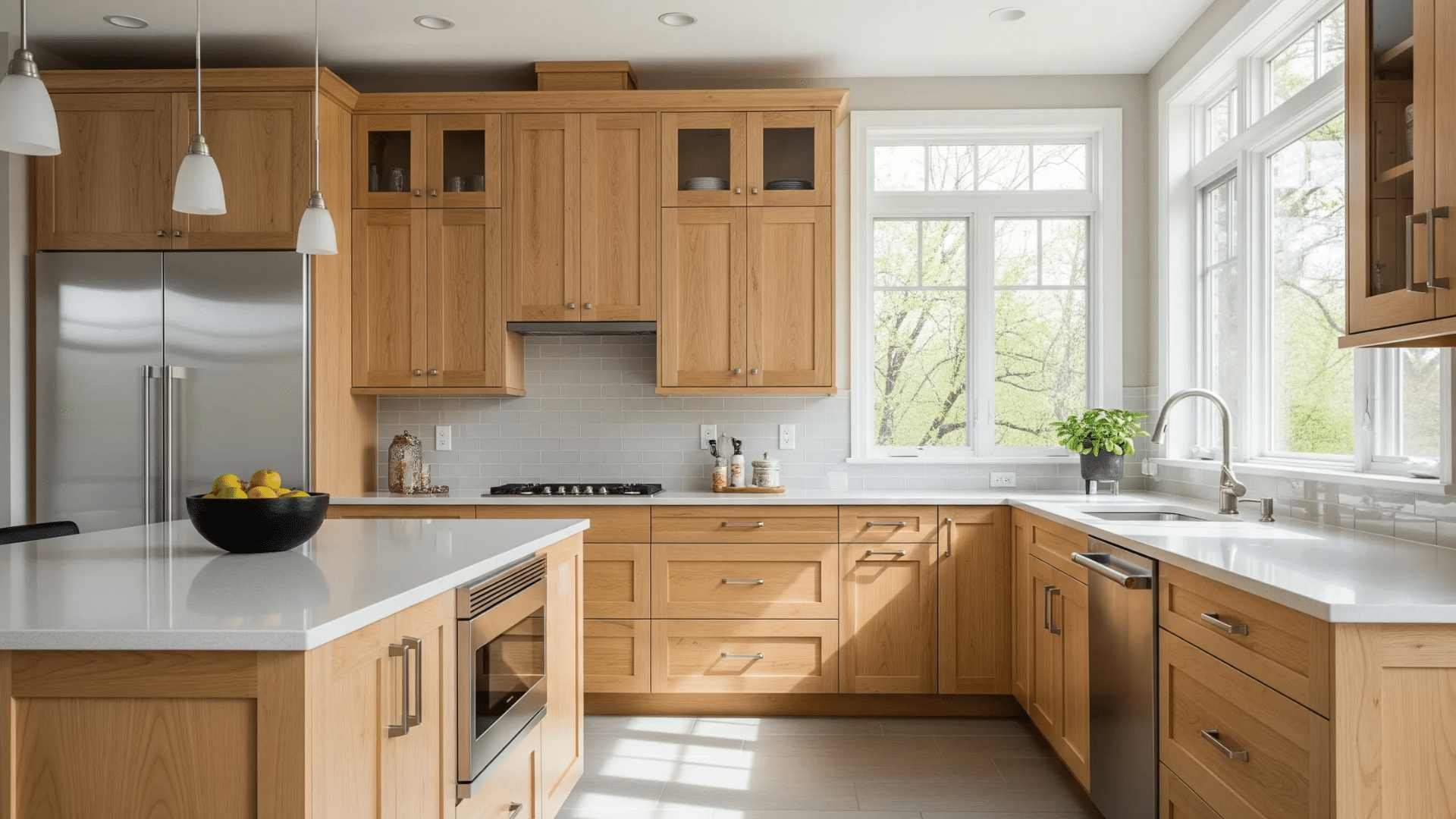 modern kitchen with maple cabinets, white counters, stainless steel appliances, and large windows