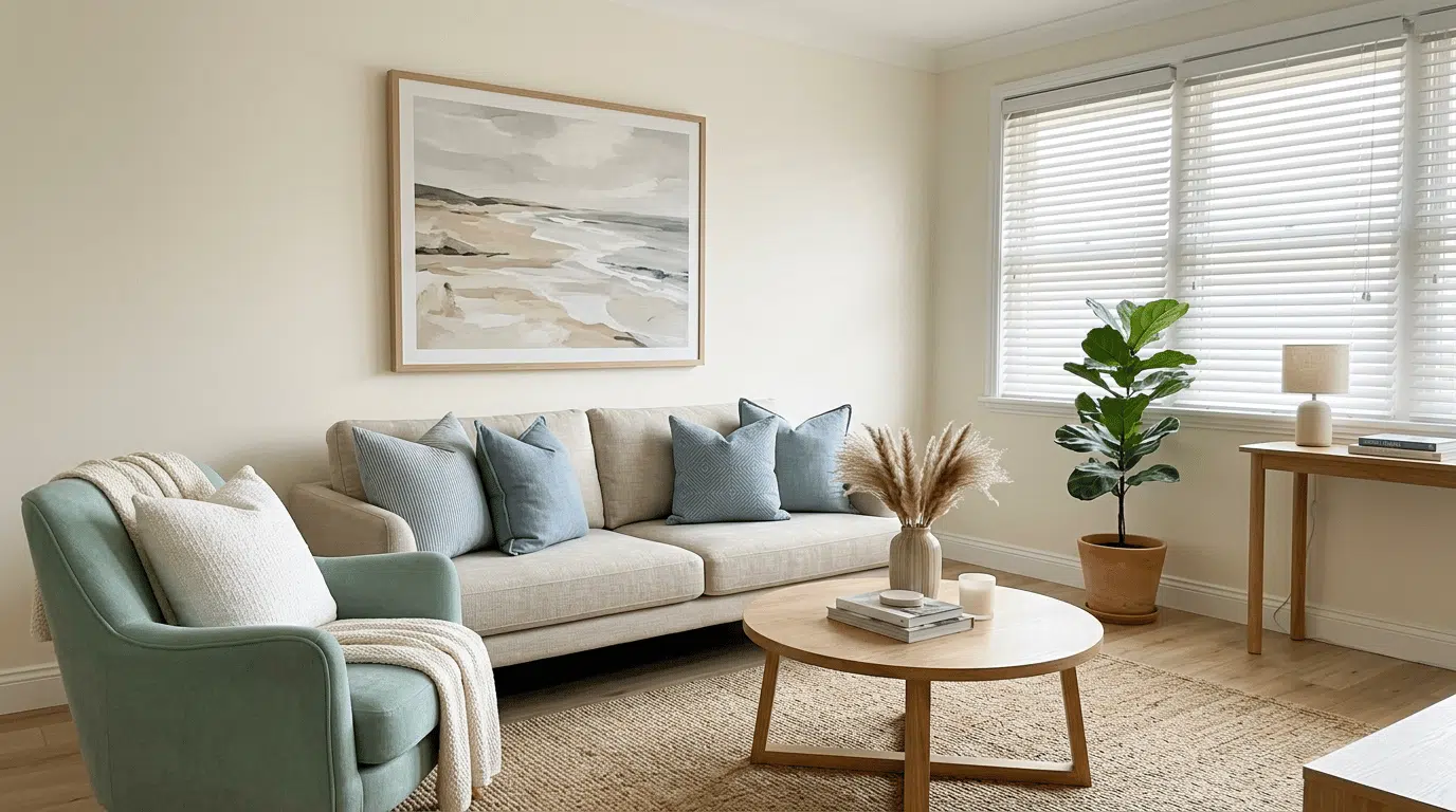 muted blue pillows and a seafoam green chair as accent colors in a coastal living room