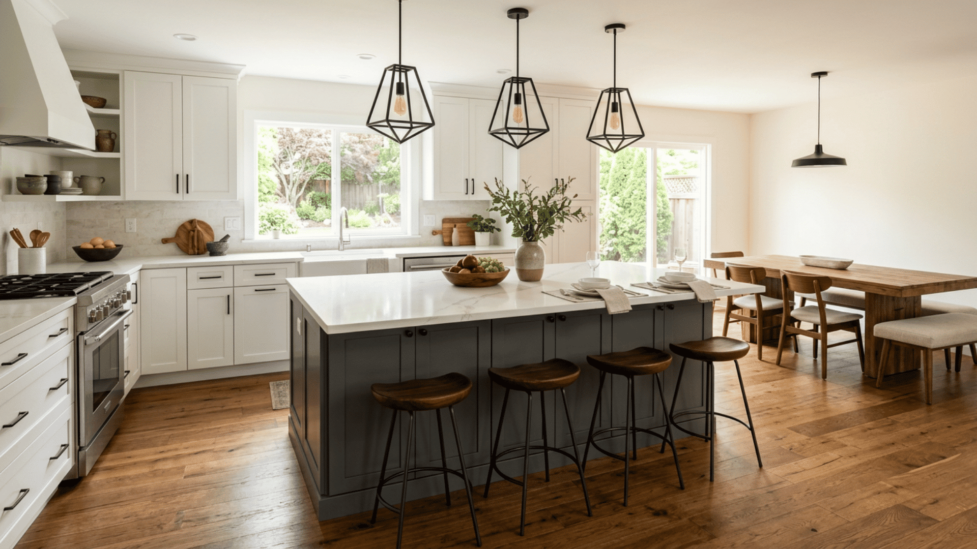 White kitchen with a dark gray island, black pendant lights, and warm wood flooring.