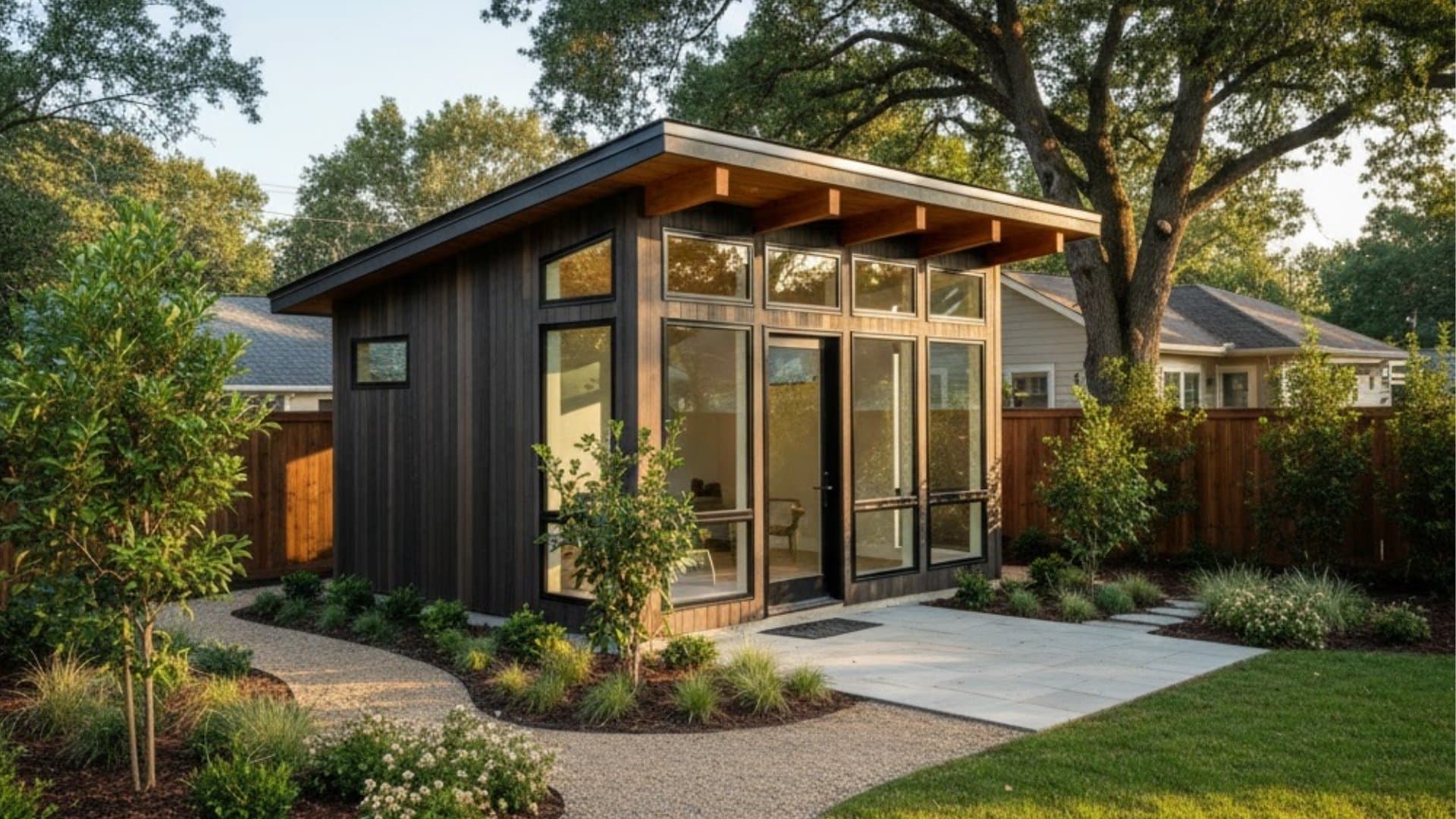 modern detached backyard studio with large windows, sloped roof, and landscaped garden path.