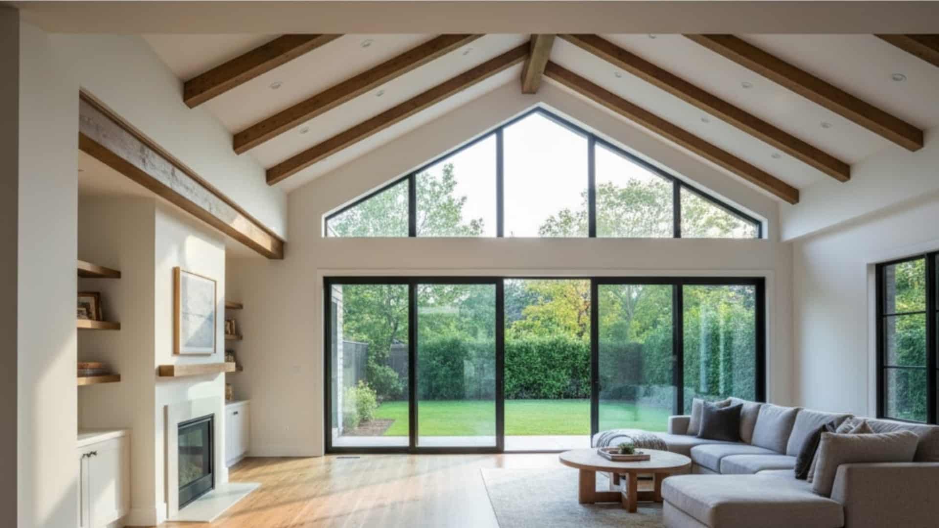 spacious family room expansion with vaulted ceiling, large windows, and open seating area.