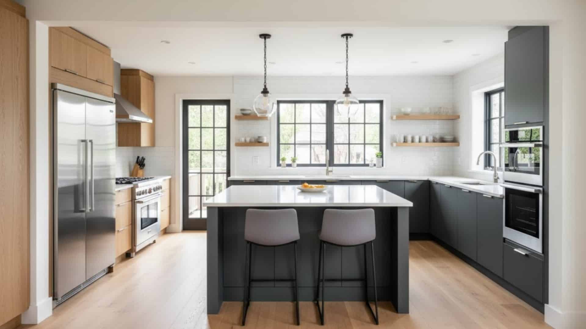 modern kitchen bump out with large island, extra storage, and bright open layout.